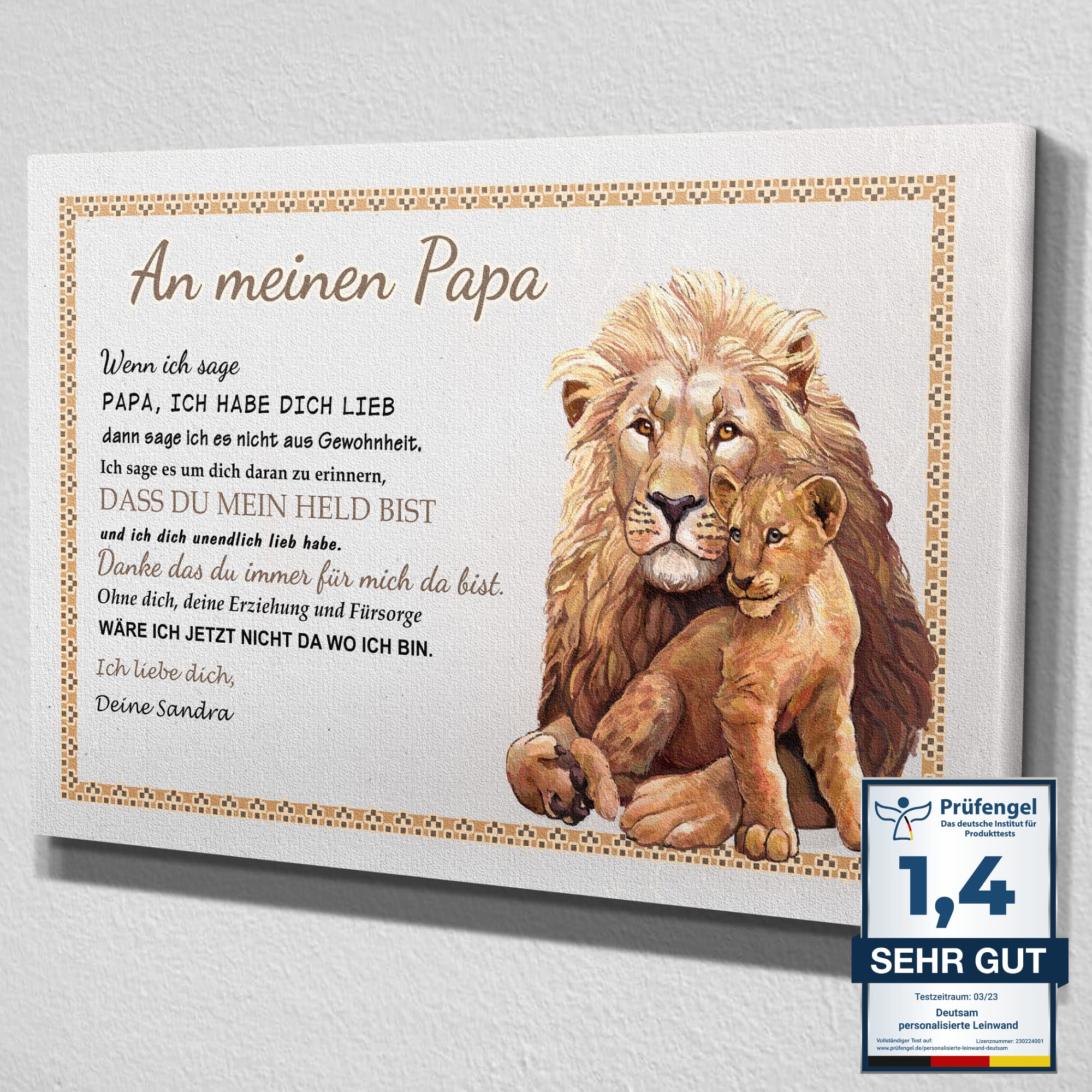 Deutsam Tela personalizzata con scritta in lingua tedesca "An my Papa Leone Regalo per la festa del papà, San Valentino per papà compleanno