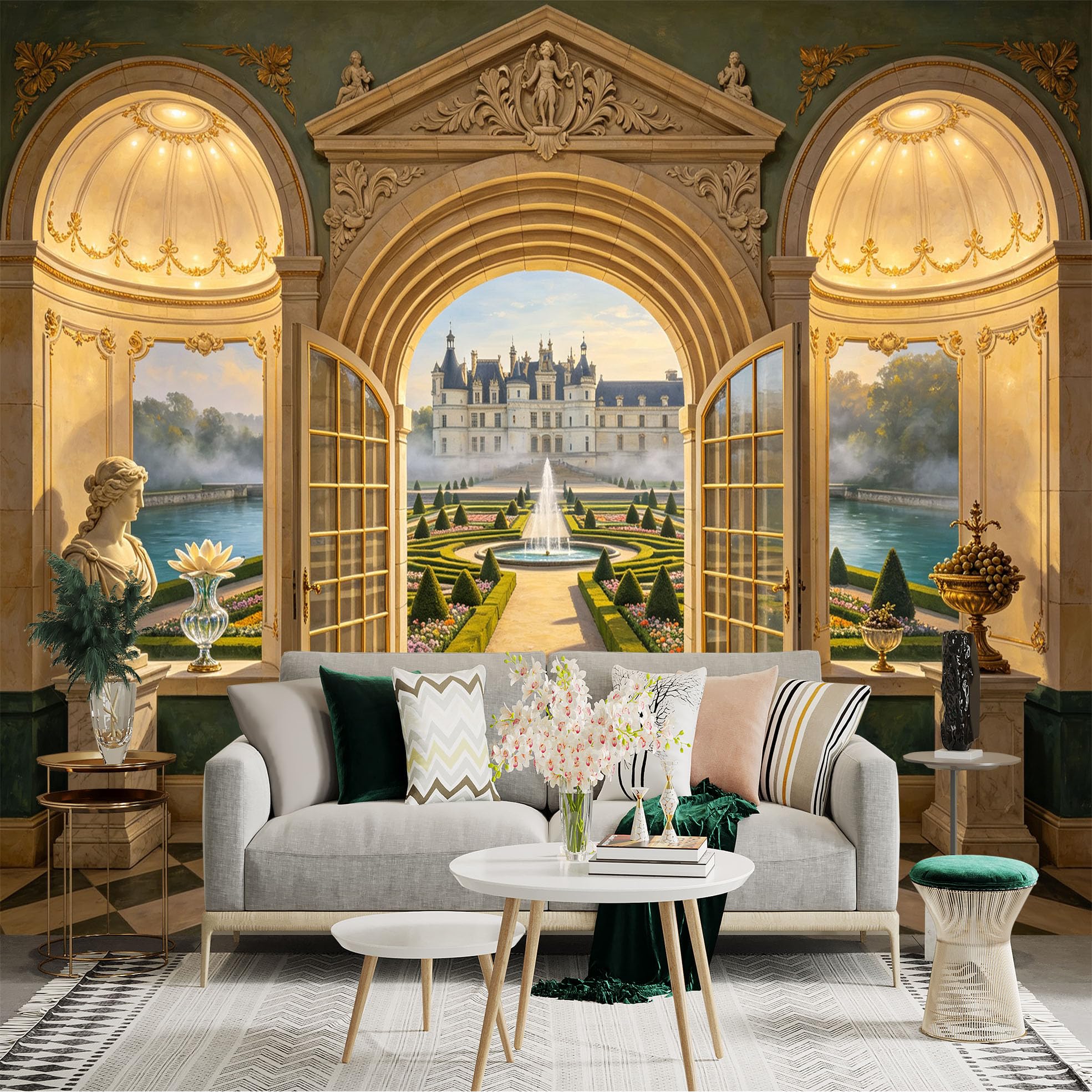 Custom Size Wall Sticker Mural， Luxury Palace Garden Archway and Fountain View， for wall Decoration， peelandstick wall Decals.