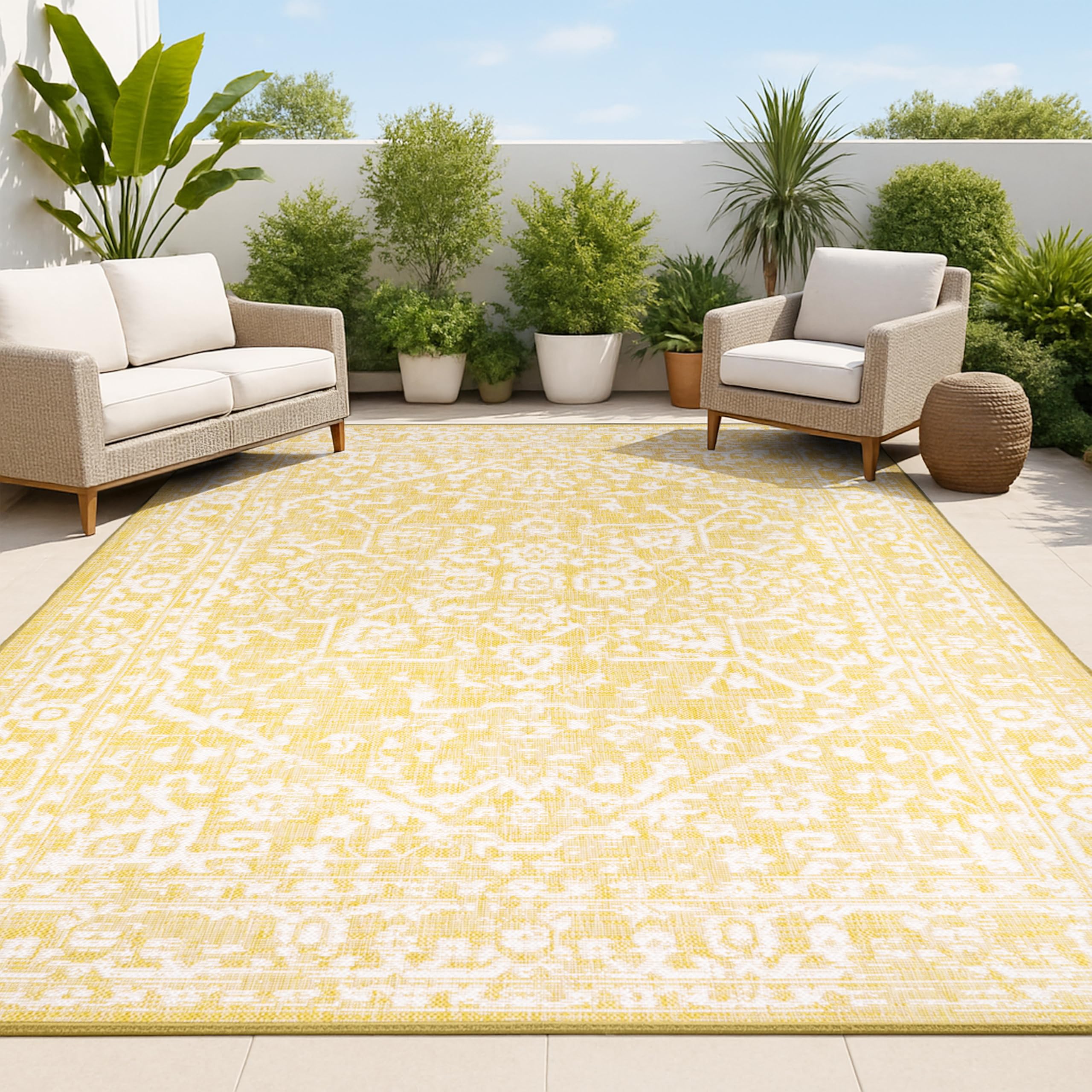 JONATHAN Y Boho Medallion Indoor Outdoor Area Rug 8ft x 10ft Yellow/Cream, Malta Textured Weave for Backyard, Patio, Porch, Easy-Cleaning, High Traffic, Pet-Friendly, Non-Shedding (SMB104G-8)