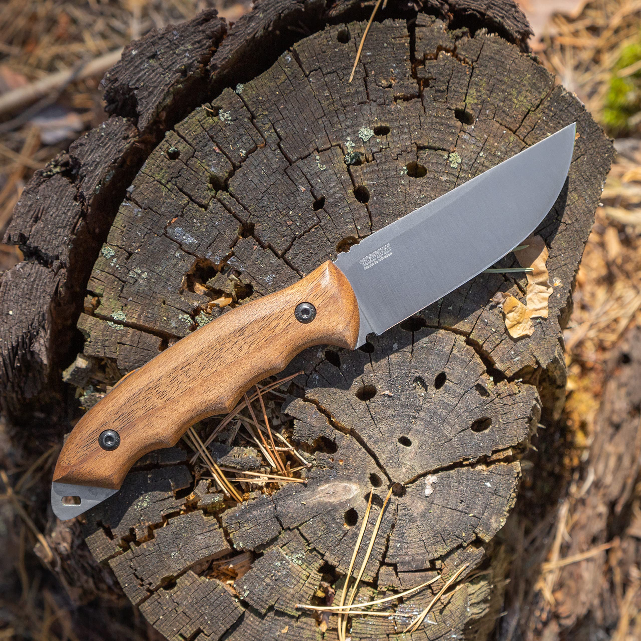 BPSKNIVES HK4 CSH - Couteau en acier au carbone à lame fixe - Couteau de à soie pleine avec étui en cuir - Couteaux de camp fait main avec manche en bois