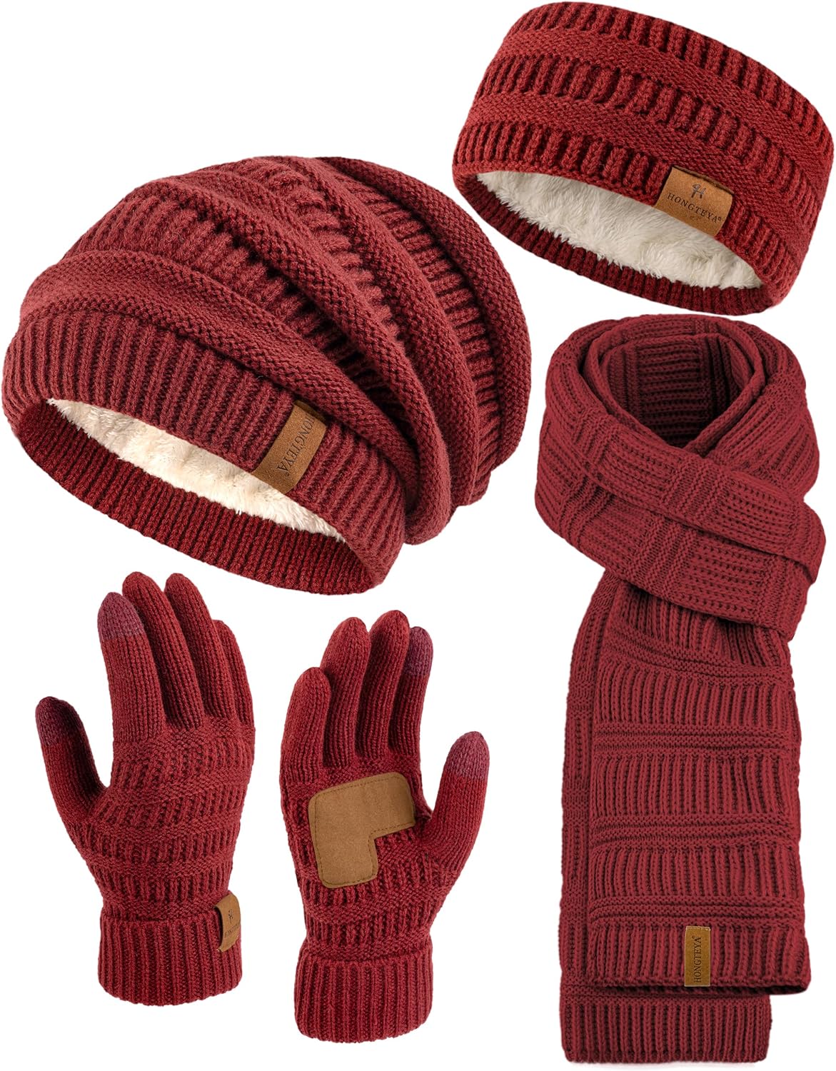 Women Beanie Scarf Gloves Headband Set Winter Hats Fleece Lined Scarf Touchscreen Gloves Ear Warmer Knit 4 Gift Set