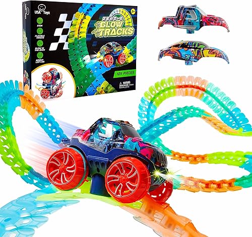 Miniatura 8 de USA Toyz Zero-G Glow Pista de Carreras para Niños - Juego de Pista de Carreras Flexible de 150 Piezas que Brillan en la Oscuridad con Ventosas