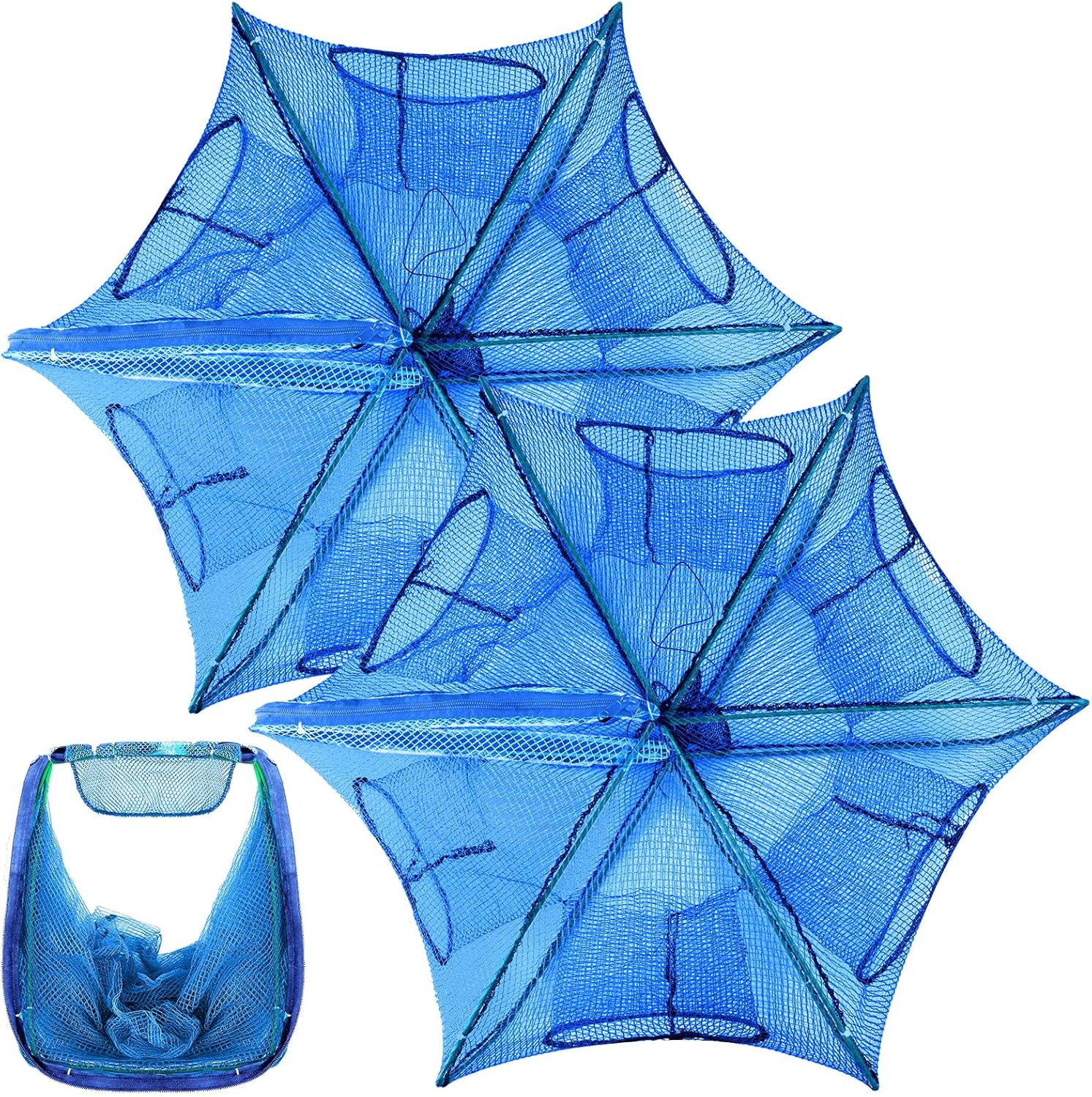 2 Pcs Foldable Fishing Trap Collapsible Hexagon 6 Hole Fishing Bait Trap Portable Minnow Crayfish Crab Crawdad Shrimp Net Cage Accessories Blue