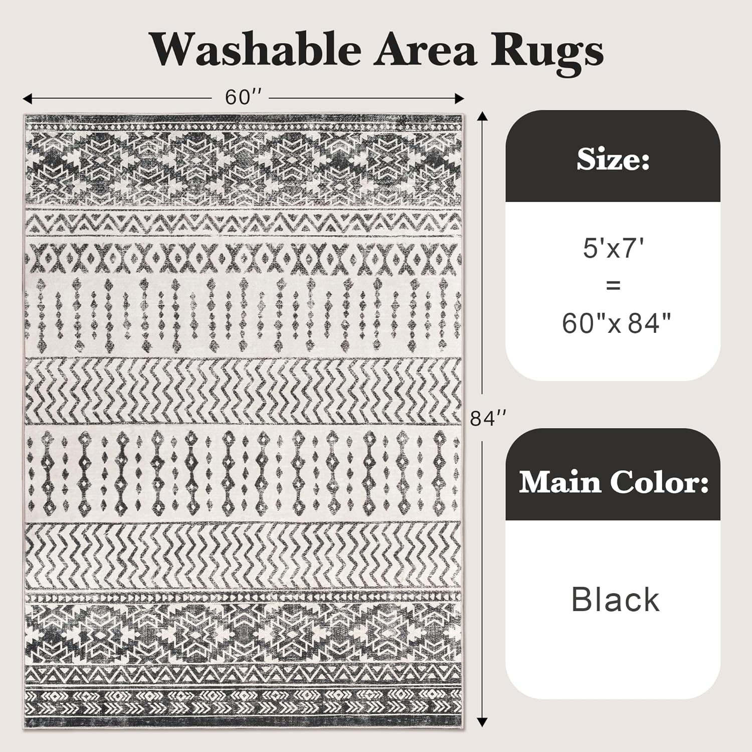 product used, art&tuft area rug 5x7, super soft ultra-thin moroccan washable anti-slip backing rugs for living room, foldable, geometric, machine washable (5'x7', black) black 5' x 7' (rectangular)