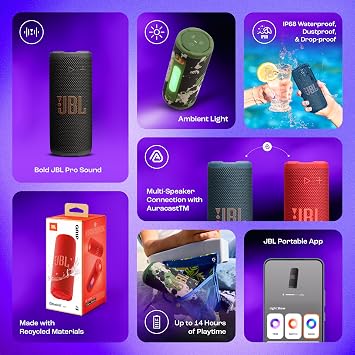JBL Grip Bluetooth hoparlör, Camuflaj, JBL Pro ses, AI Sound Boost, IP68 su geçirmez ve toz geçirmez, ambiyans aydınlatması, 14 saate kadar çalma süresi, Auracast çoklu hoparlör bağlantısı, JBL