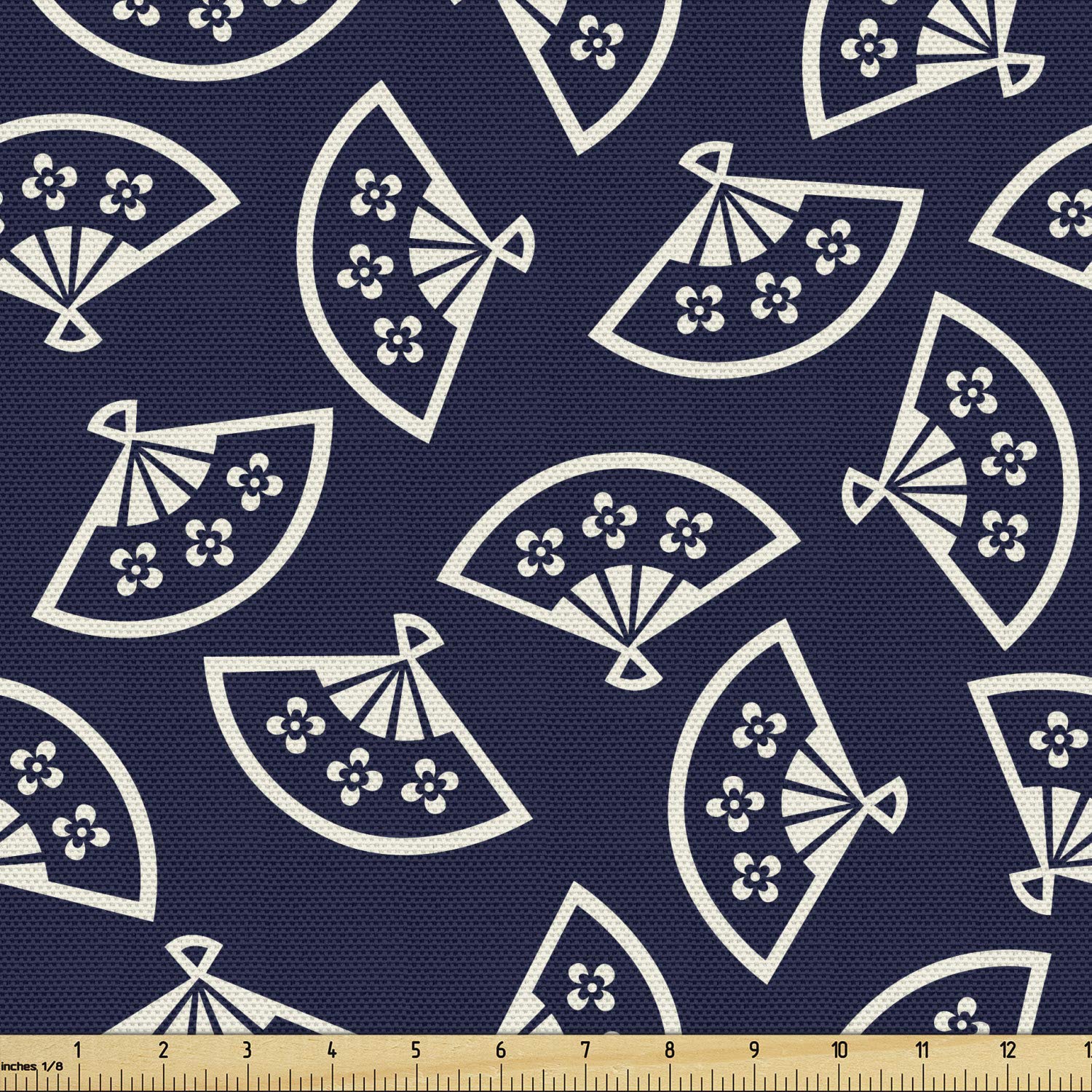Ambesonne Geometric Fabric by The Yard, Hand Fan Pattern East Culture Inspirations Oriental Motif Kimono Design, Decorative Fabric for Upholstery and Home Accents, 3 Yards, Ivory Blue