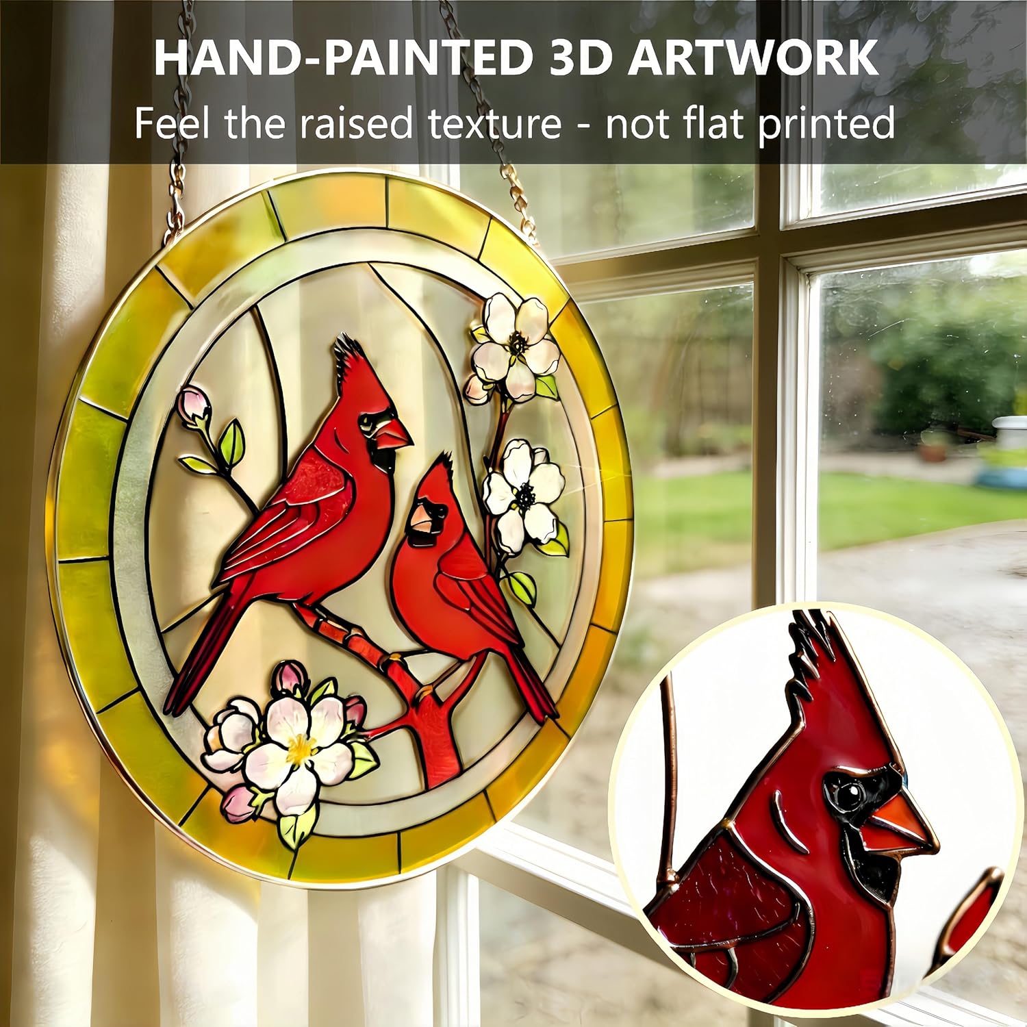 Cardinal Stained Glass Suncatcher Window Hanging, 8 Inch Real Ripple Glass Red Bird Sun Catcher - Handcrafted Memorial Gift for Mom, Grandma, Women - Mother's Day Keepsake