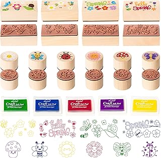 CUweipeng Spring Wooden Rubber Stamps - 15Pcs Hello Spring DIY Craft Card Stamps Pads Animal Flower Rubber Ink Pads Set for Kids Birthday Gift Favor Classroom Card Scrapbooking Making Supplies