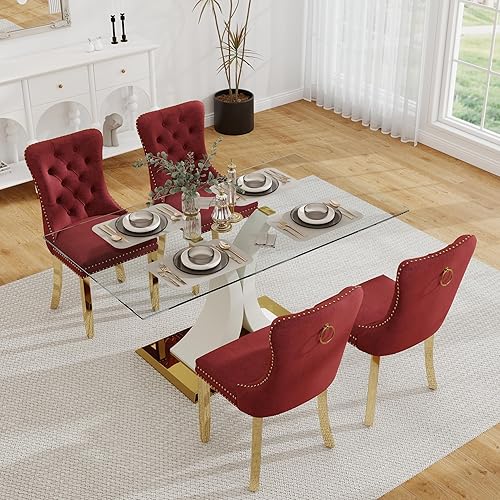Miniatura 54 de Juego de mesa de comedor moderno de vidrio para 4, mesa de 160 cm de vidrio templado con base dorada estética y 4 sillas de comedor lujosas azules y