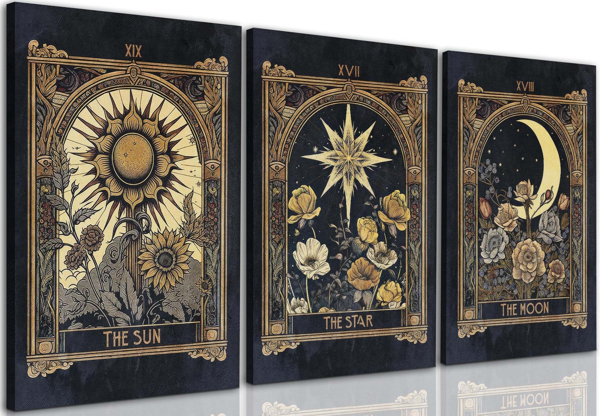 FWAHREN Sun Moon Star Tarot Card Canvas Wall Art Set of 3, Vintage Gothic Celestial Pictures Prints, Mystical Astrology Paintings, Witchy Dark