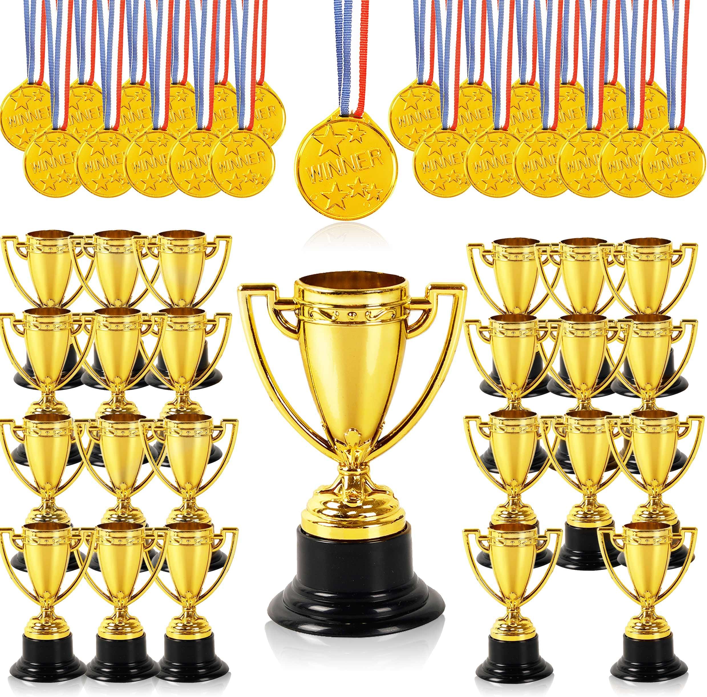 48 Pcs Mini Trophies and Medals Awards - 24 Pack 3.5 Inch Gold Plastic Trophy Cup and 24 PCS Shiny Golden Winner Medals for Kids and Adults - Perfect for Party Favors Halloween and Decorations