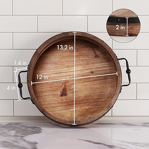Miniatura 6 de Bandeja redonda para mesa auxiliar, bandeja de madera de granja de 13 pulgadas con asas de metal, bandejas decorativas redondas para mesa auxiliar