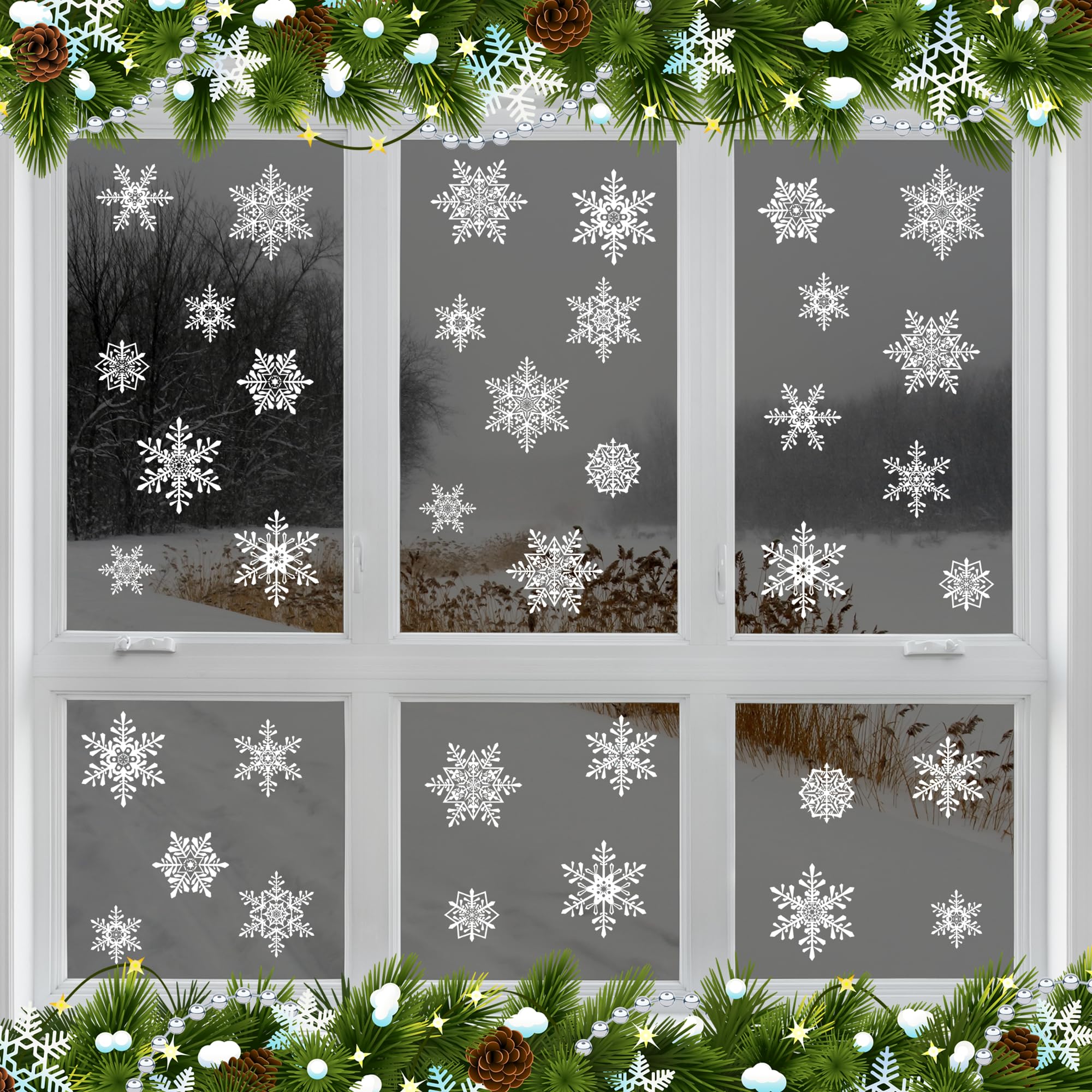 Articlings White 42 Elegant Snowflake Window Clings - Quick And Simple Christmas Decorations - Glueless Pvc Stickers