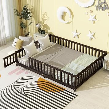 LUMISOL Queen Size Floor Bed with Fence and Door, Wooden Floor Bed Frame with Slats Support, No Box Spring Needed, Espresso