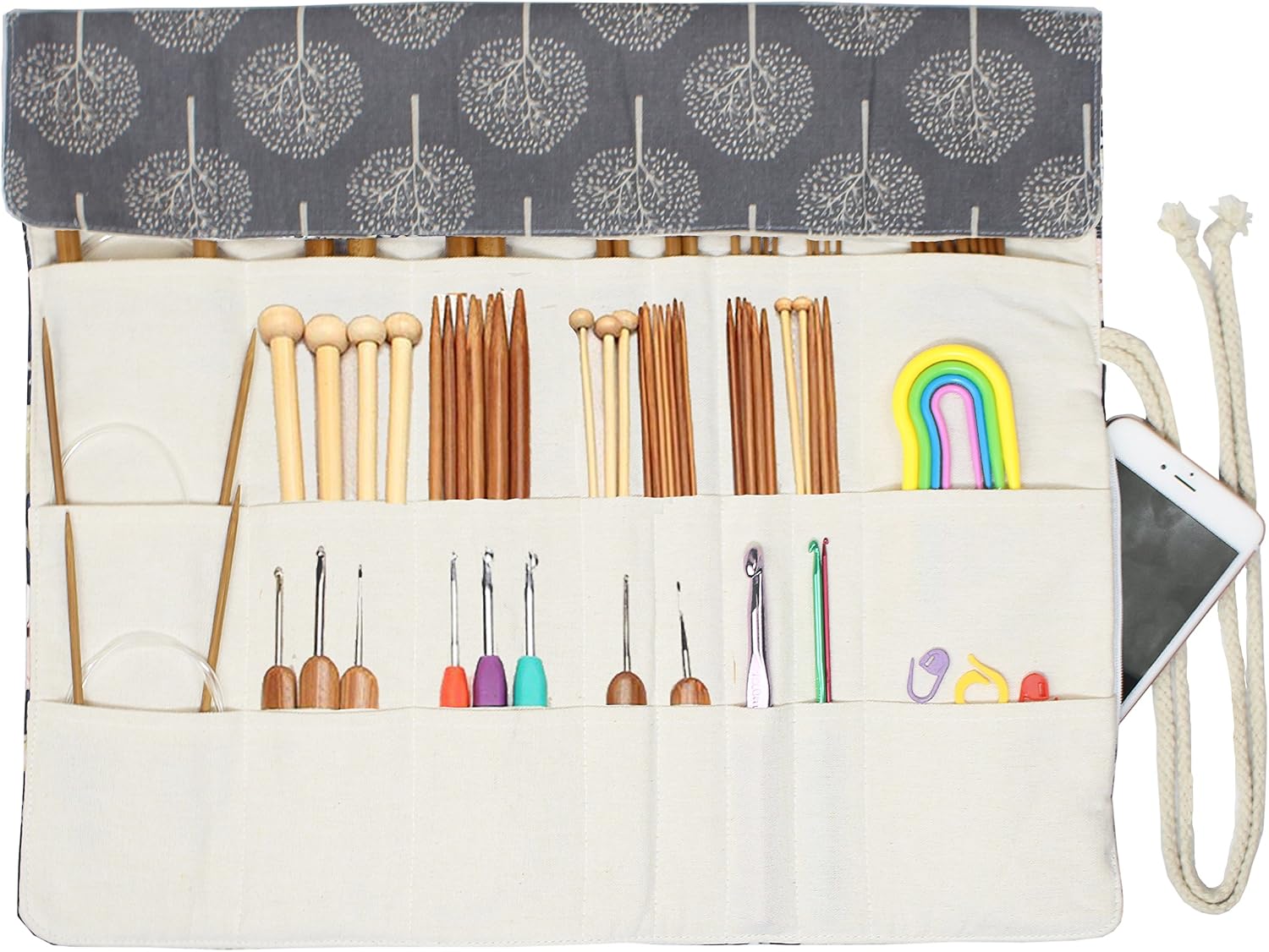 Knitting Needles Holder Case Rolling Organizer for Crochet Hooks Accessories, Mother's Day Gift (Gray Tree)