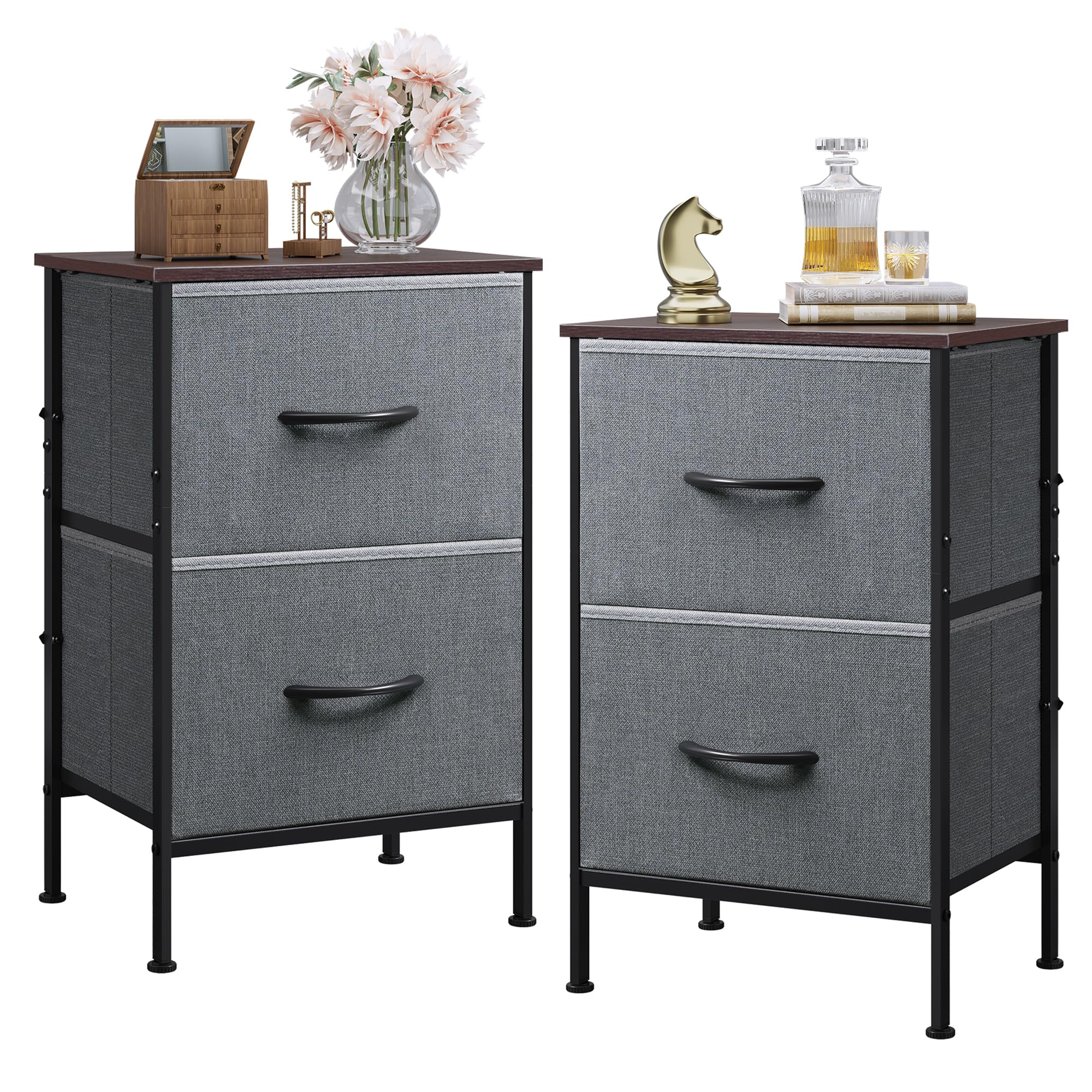 WLIVE Night Stand Set 2, Dresser and Nightstand Sets, Nightstands for Bedroom with 2 Fabric Drawer, End Tables Bedroom Furniture Set, Closet, College Dorm, Dark Grey, Size L