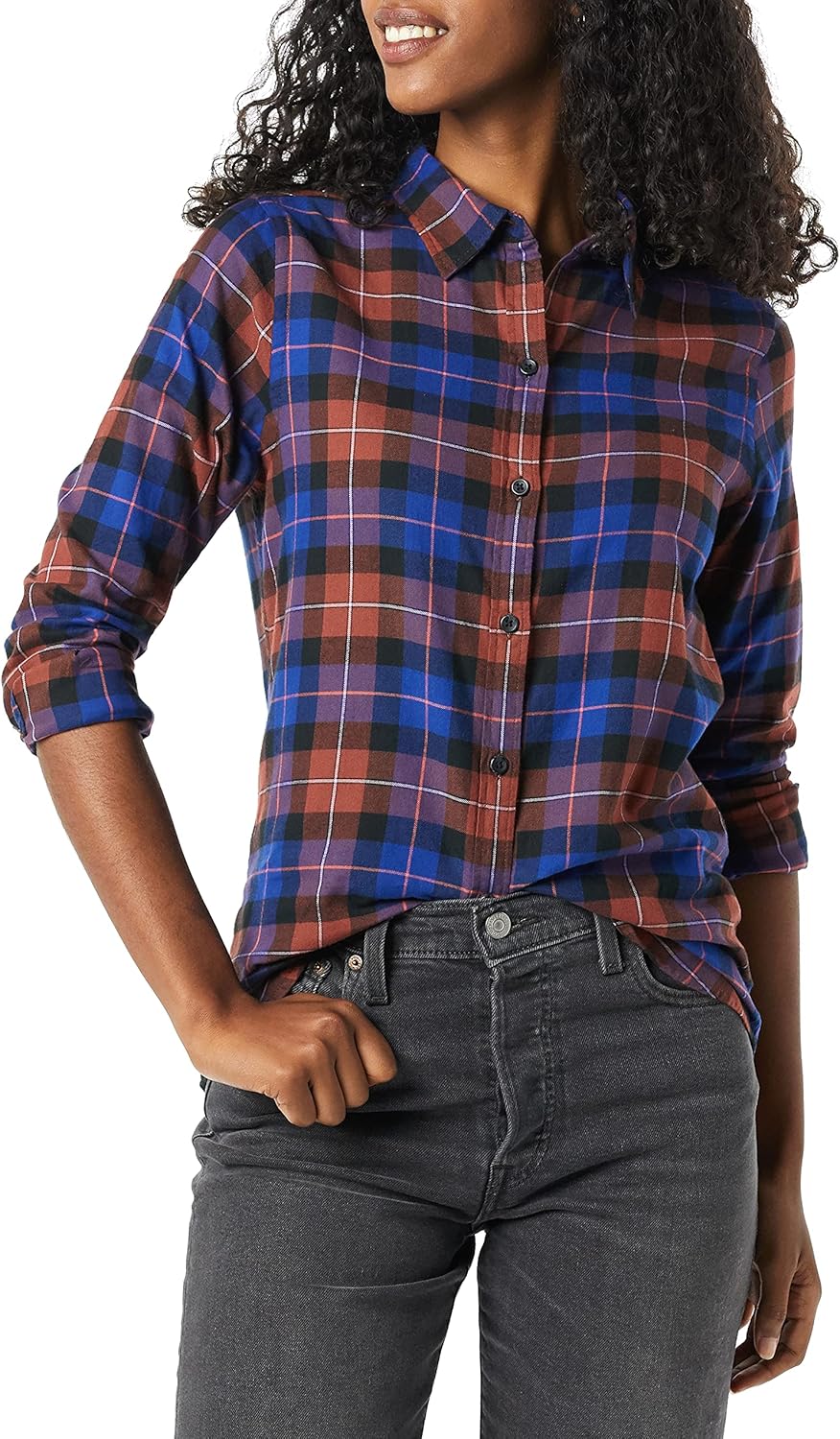 Amazon Essentials Womens Regular-Fit Long-Sleeve Lightweight Plaid Flannel Shirt