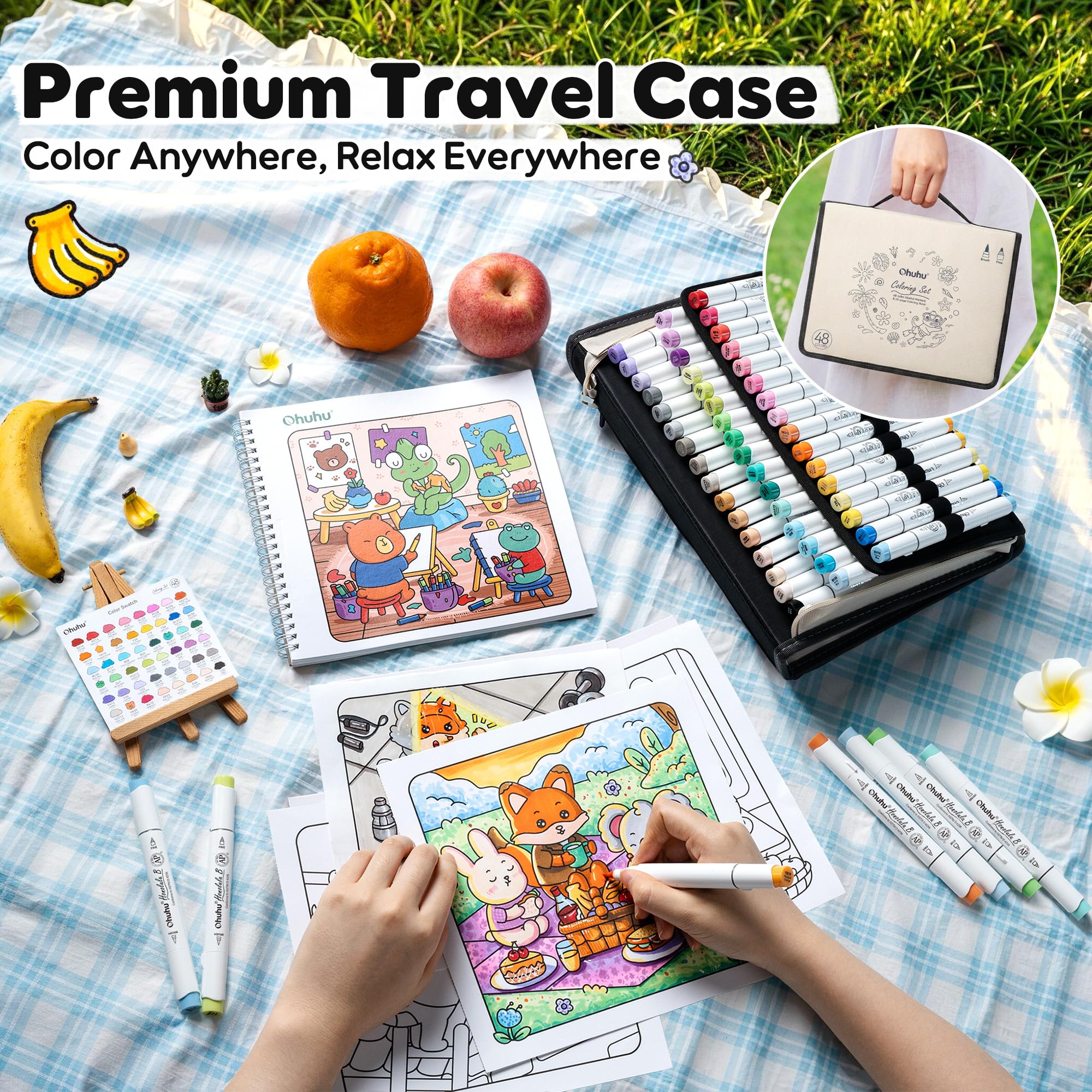 Ohuhu Honolulu B, 48 pennarelli a colori con libro da colorare con libro da colorare, pennello certificato AP e punta fine, ricaricabili, per adulti, illustrazione, regalo per alleviare lo stress