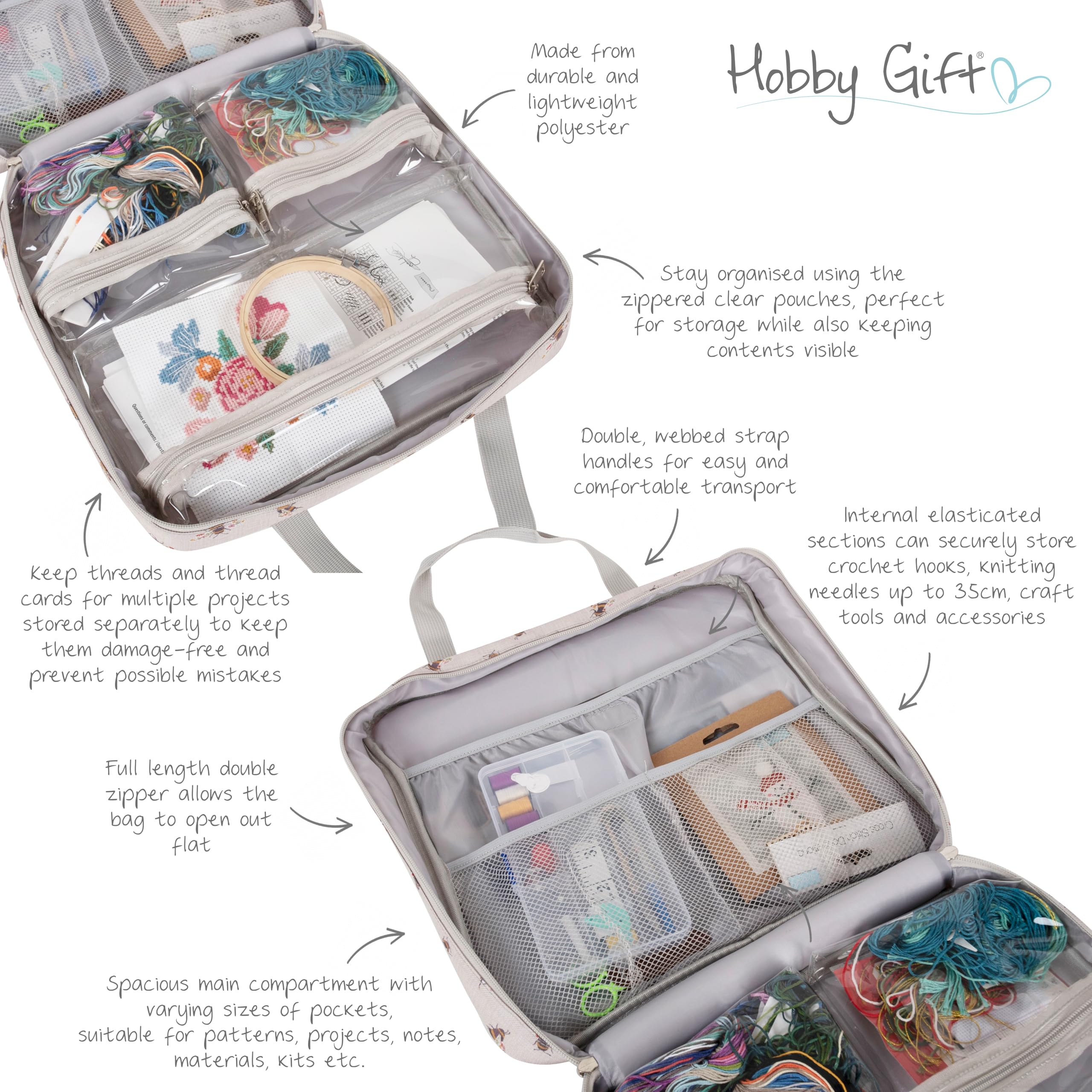 Hobby Gift Sac à Broderie et à Point de Croix Bee Craft Bag Rangement pour Cadres Multi-cerceaux jusqu'à 25 cm avec 2 Poches zippées pour Fils, patrons, Léger et Durable 12 x 35 x 35 cm