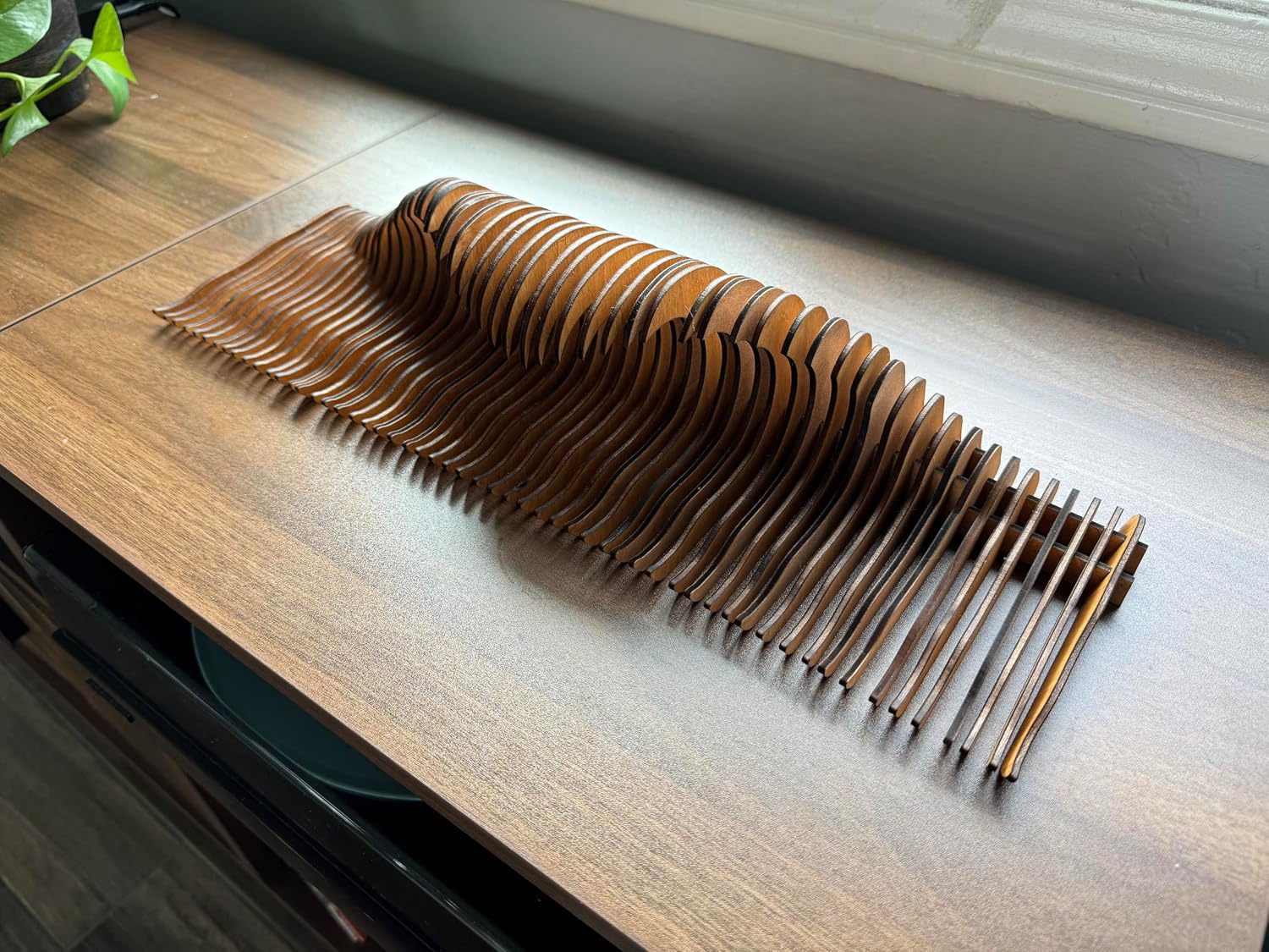 Breaking Wave Stained Wooden Sculpture, Wave Form, 18 x 6 x 4 inches, Hand Stained, 56 Sections