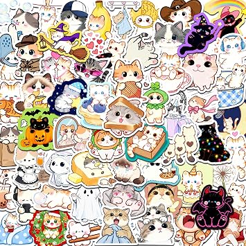 60PCS Cute Cat Stickers, Kawaii Cat Stickers for Water Bottles Laptop Computer, Kitty Waterproof Vinyl Decals, Cat Party Favors Glossy