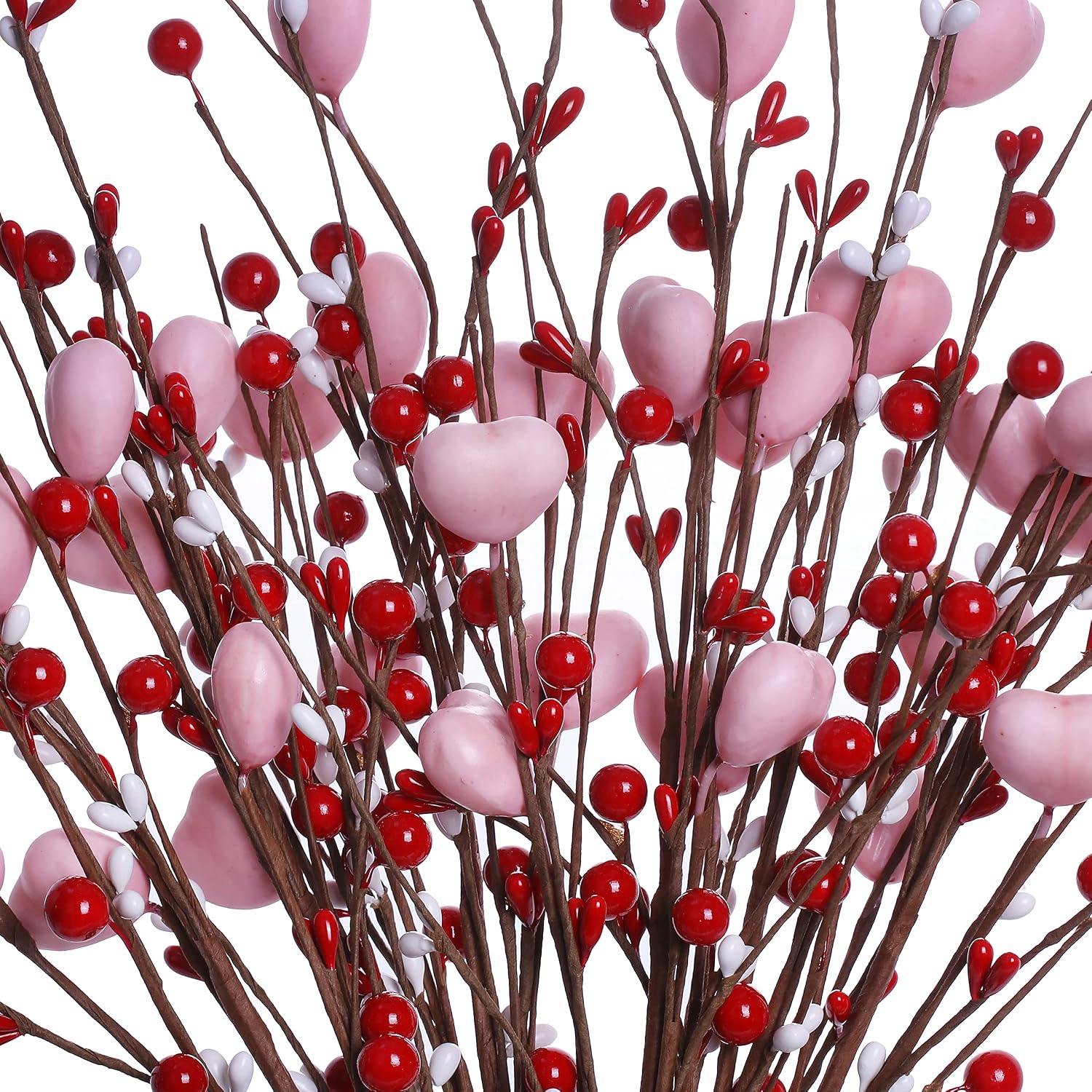 J'FLORU Valentine’s Day Decorations 6 Pack Valentines Day Picks Berry Stems with Pink Hearts for Valentine Decor Anniversary Wedding Decorations (Red/Pink)