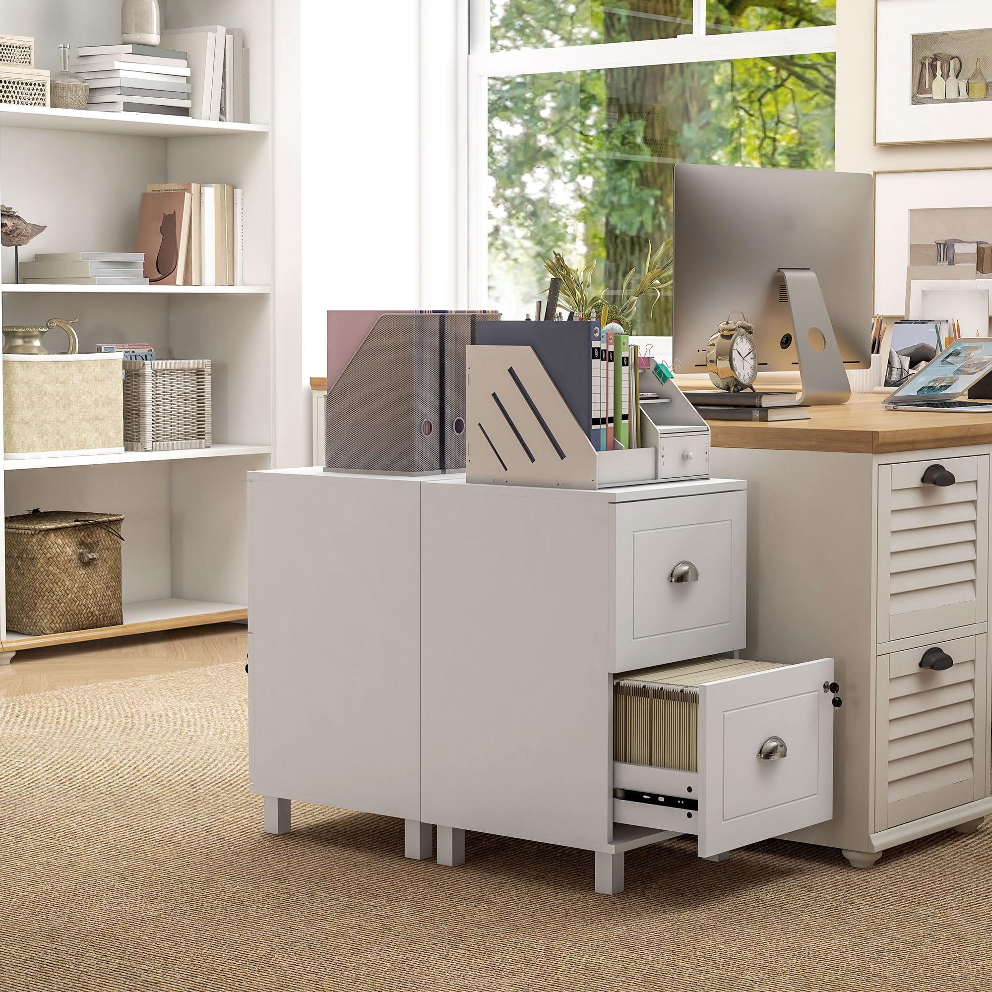 HOMCOM Cassettiera da ufficio 2 cassetti A4 e lettera 40 x 41,5 x 67,5 cm bianco | Mobile archivio, cassettiera per scrivania, con serrature, cartelle sospese