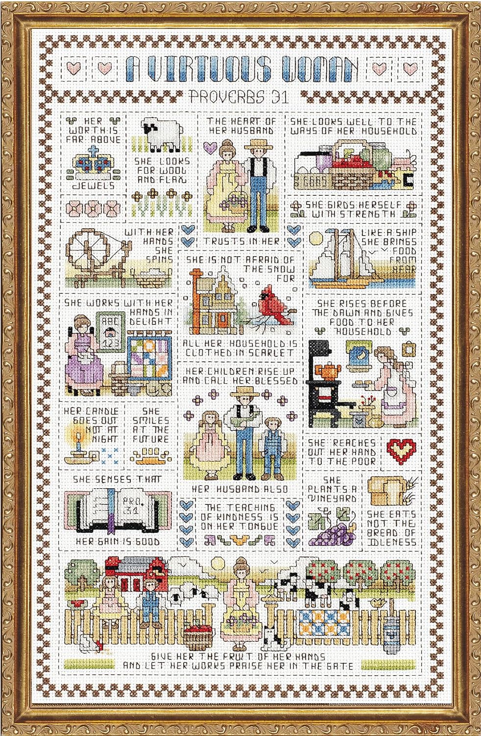 Janlynn 50224 'A Virtuous Woman' Counted Cross Stitch Kit, 14 Count Aida 15.25x9.25 Inch, Complete Supplies Included - Made in USA