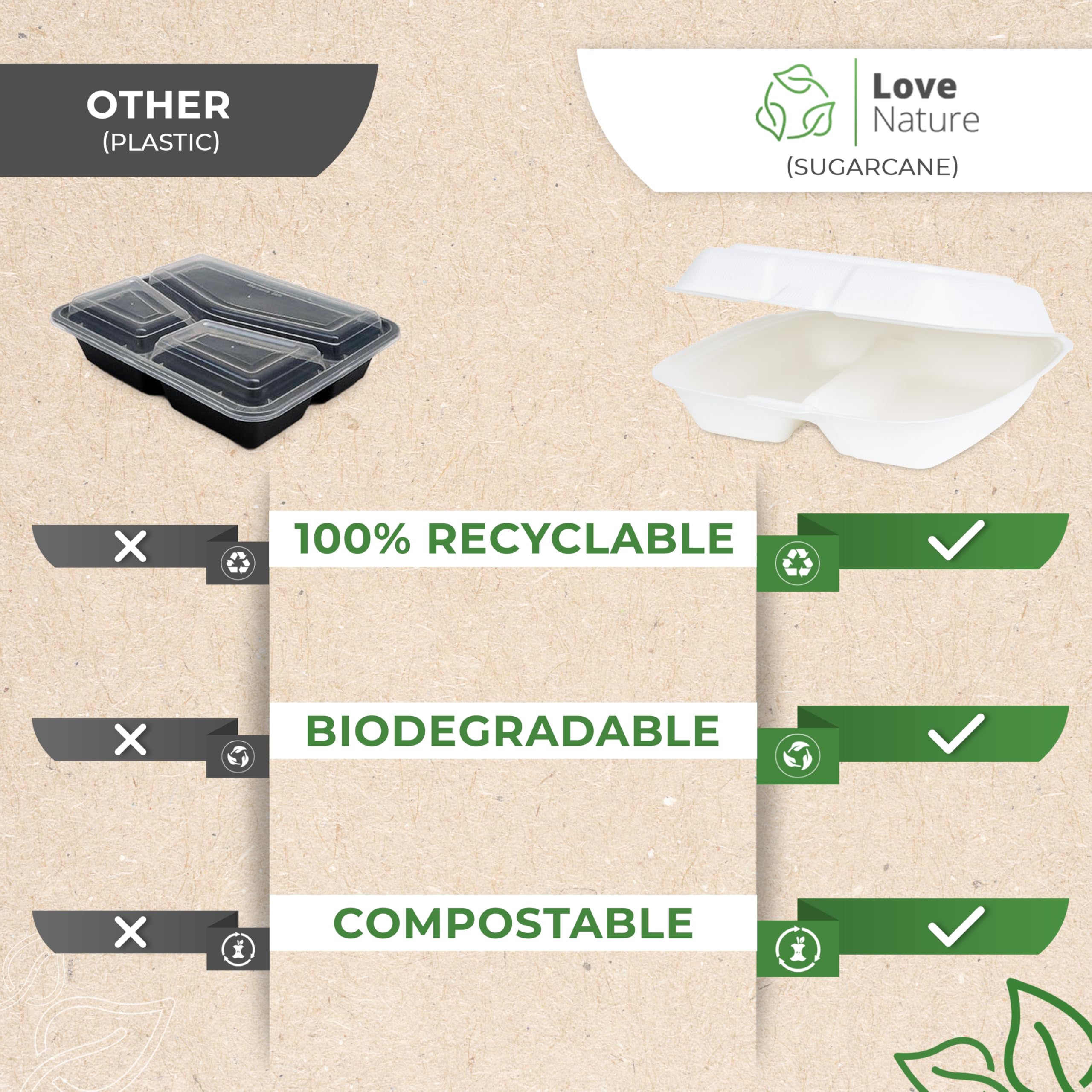 Love Nature Caja de menú ecológica desechable 2 dividida 50 piezas - vajilla desechable caña de azúcar - embalaje para llevar