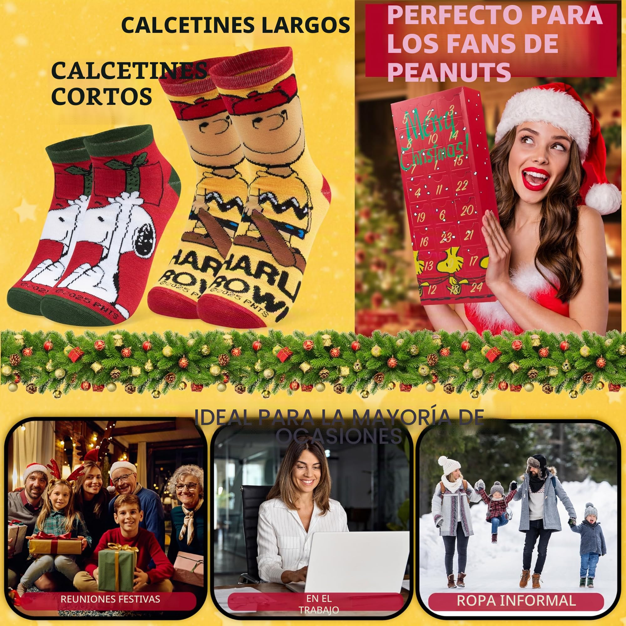 Get Trend Peanuts Snoopy Calendario Adviento 2025 con 24 Pares Calcetines Divertidos Colores para Mujer y Adolescente, 36-41, Regalo Original (Multi Snoopy)