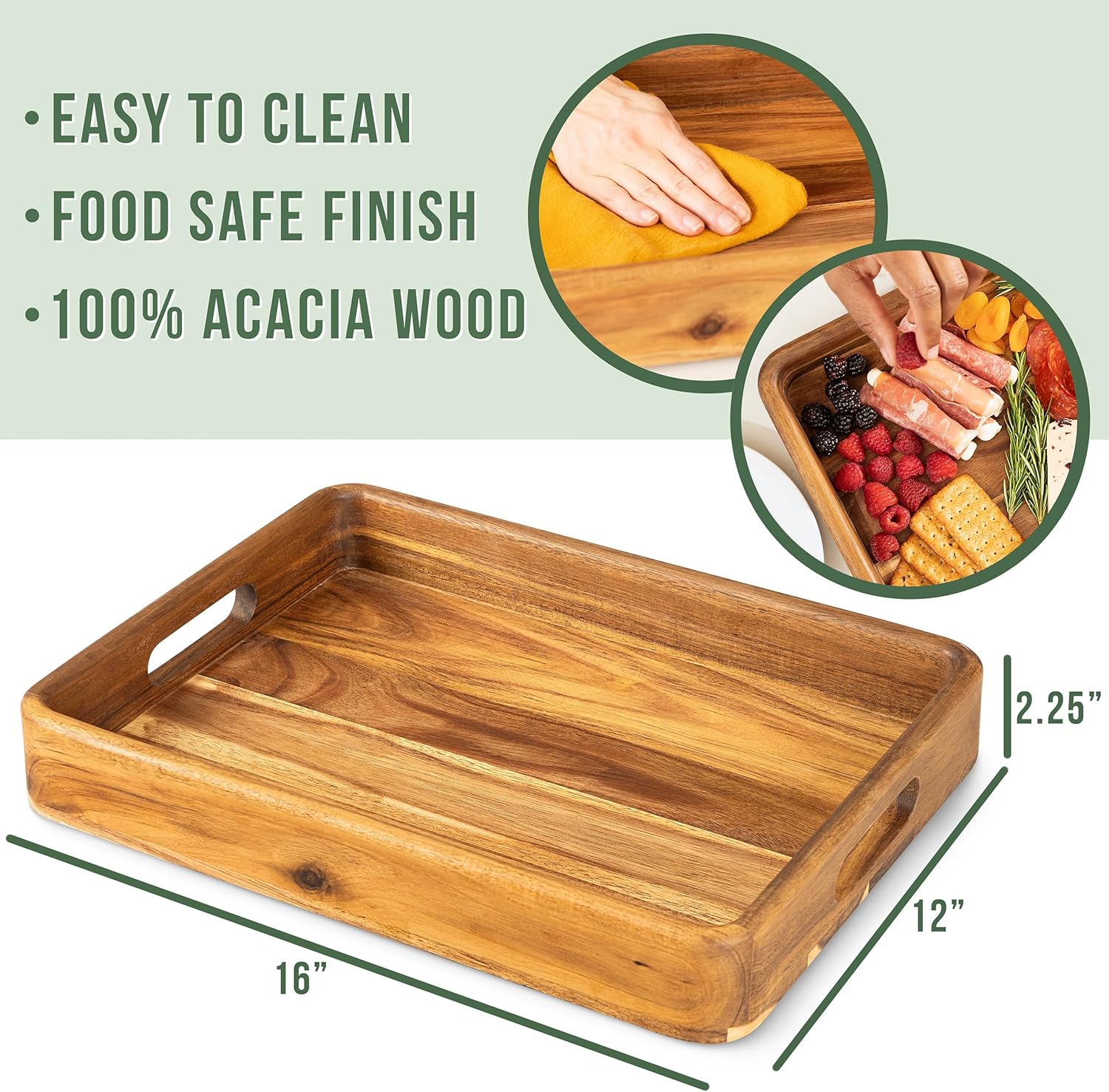 Acacia Wooden Serving Trays with Handles for Eating, Appetizers, Food, Snacks, or Home Decor, Large Wood Bed Tray or TV Tray, Decorative Ottoman or Coffee Table Accessory, 16x12 inch, Set of 1 - Image 2