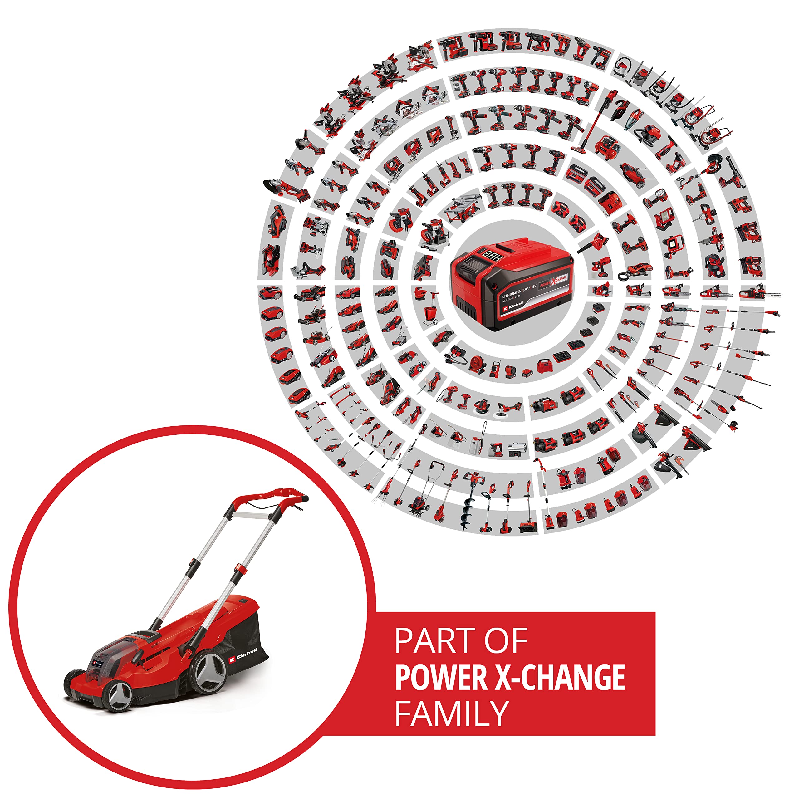Einhell Akumulatorowa kosiarka GP-CM 36/450 Kit Power X-Change (36 V, szerokość cięcia 38 cm, 450 m², bezszczotkowa, funkcja mulczowania, worek 45 l, w zestawie 2 akumulatory 4,0 Ah + podwójna ładowarka)