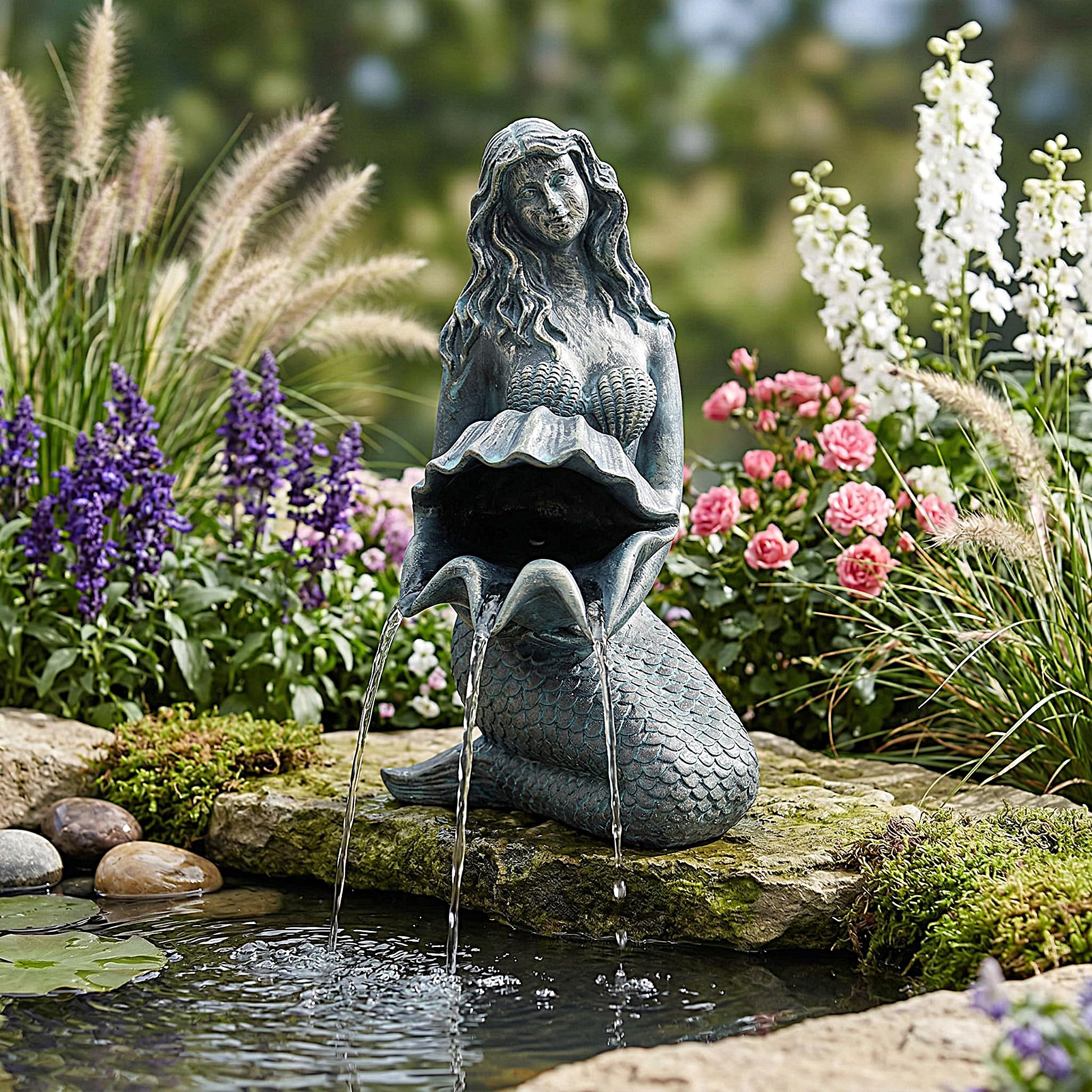 Garghilè solare con pompa – Statuetta di sirena con pompa solare e gioco d'acqua, decorazione da giardino in poliresina effetto bronzo, fontana solare per laghetto da giardino e corso d'acqua, 27 x 14