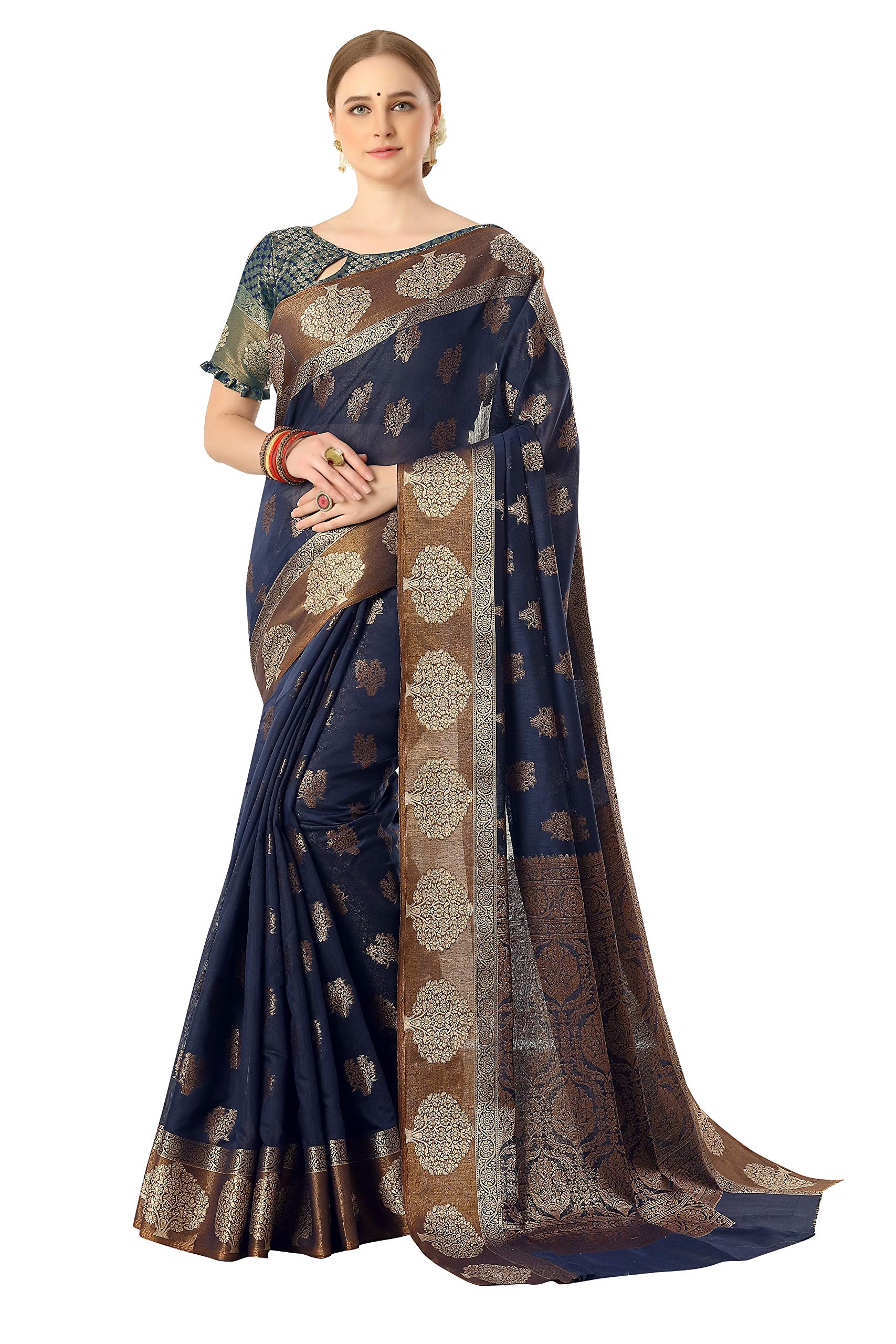 Jaam Silk FashionWomen's Floral Woven Silk Blend Saree with Blouse Piece (Dark Blue)