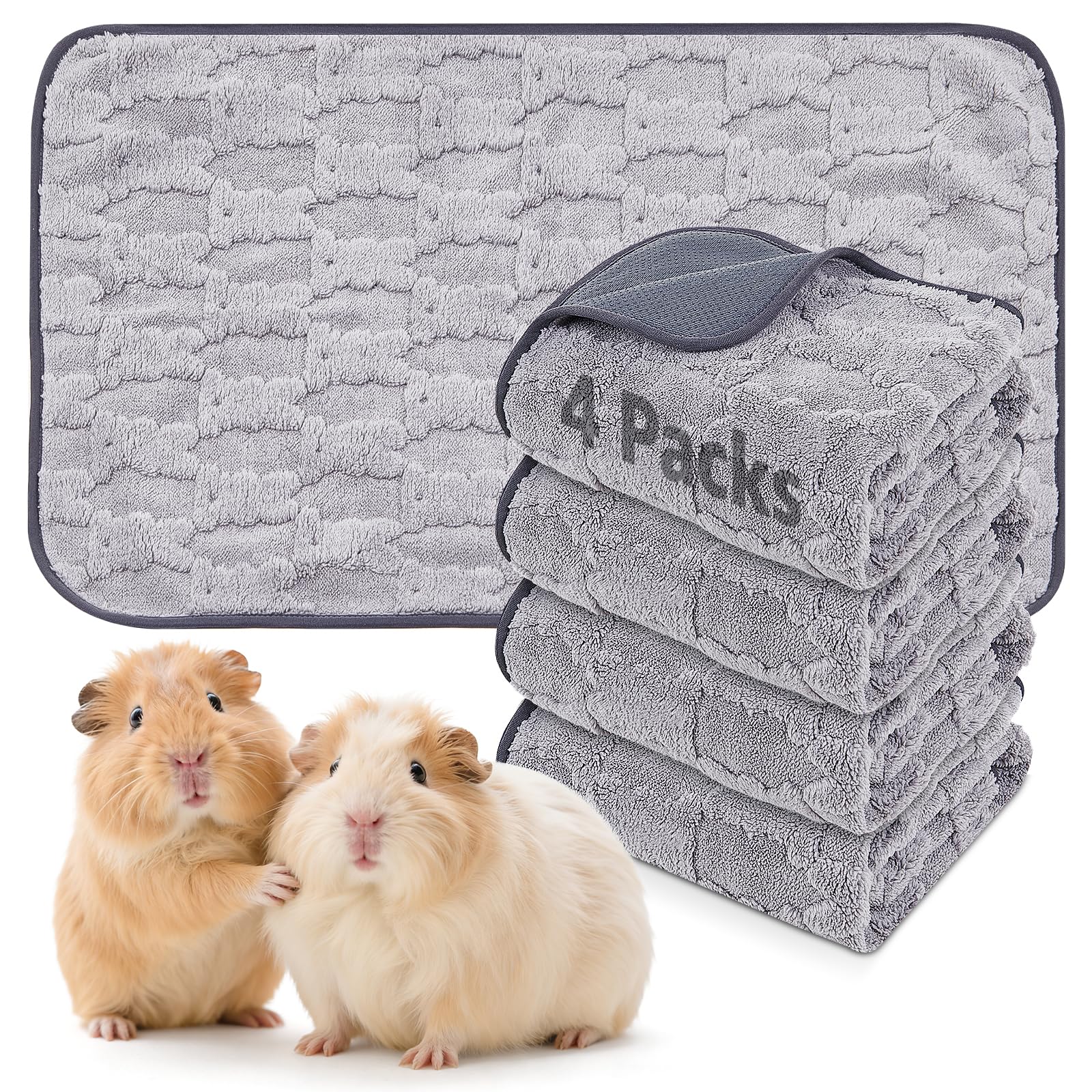 PICK FOR LIFE 4 Pieces Guinea Pig Fleece Cage Liner Washable Reusable Pee Pads for Rabbit Hamsters Leak-proof Small Animal Bedding Fast Absorbent Non Slip Guinea Pig Blanket, 60 x 90 cm