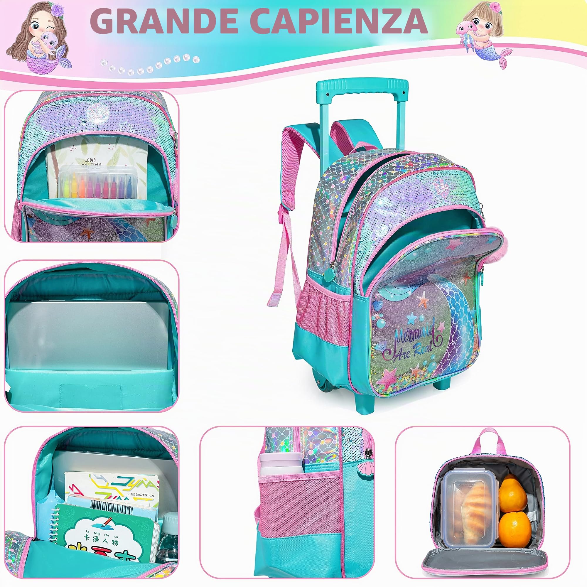 Zaino per Ragazze Trolley, Set di 3 pezzi, Zaino con Ruote, Borsa Pranzo e Astuccio per Scuola Elementare e Media, per Bambini da 5 a 12 Anni