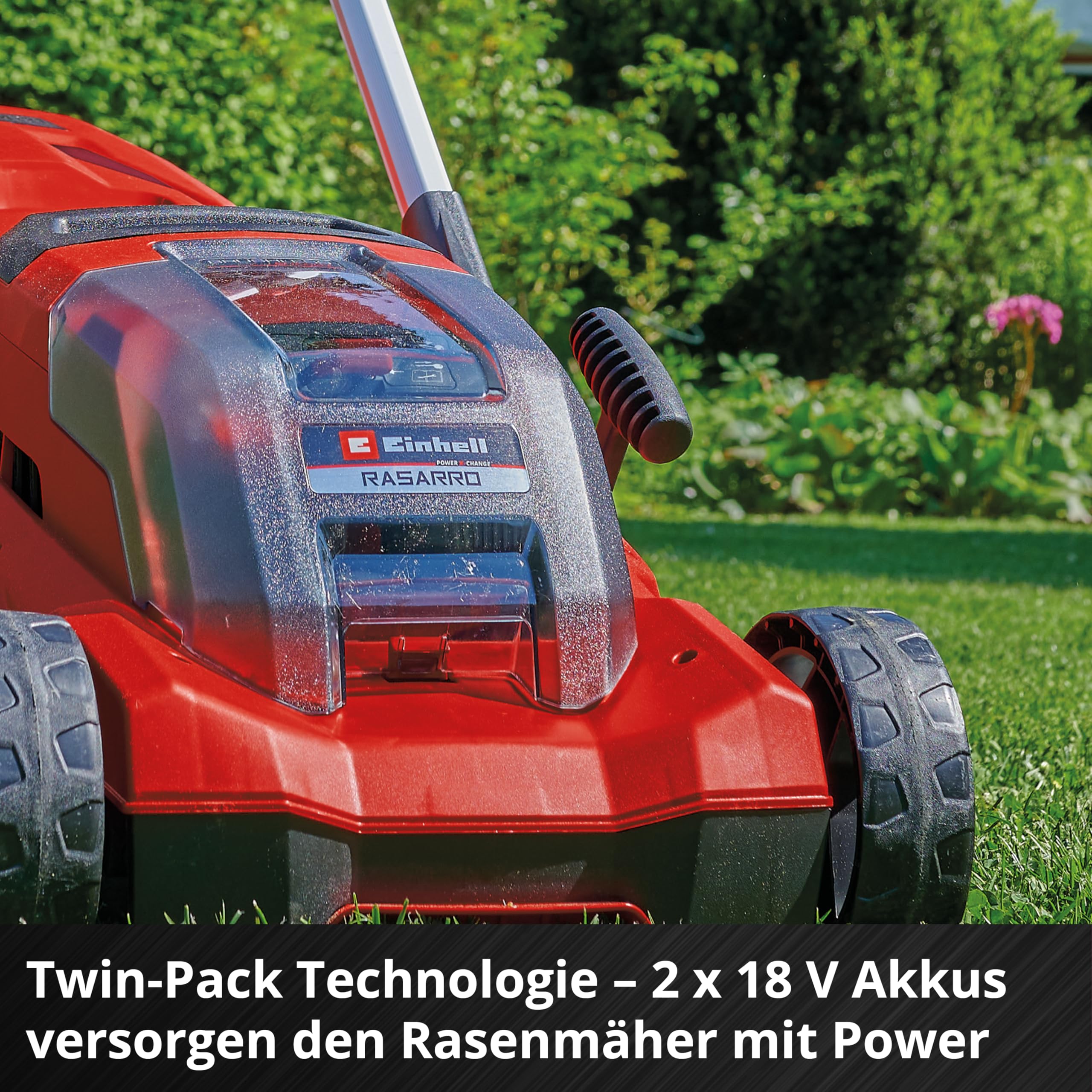Einhell Akku-Rasenmäher RASARRO 36/38 Kit Power X-Change (36 V, 38 cm Schnittbreite, 450 m², Brushless, Mulchfunktion, 45L Fangkorb, inkl. 2X 4,0 Ah Akkus + Twincharger)
