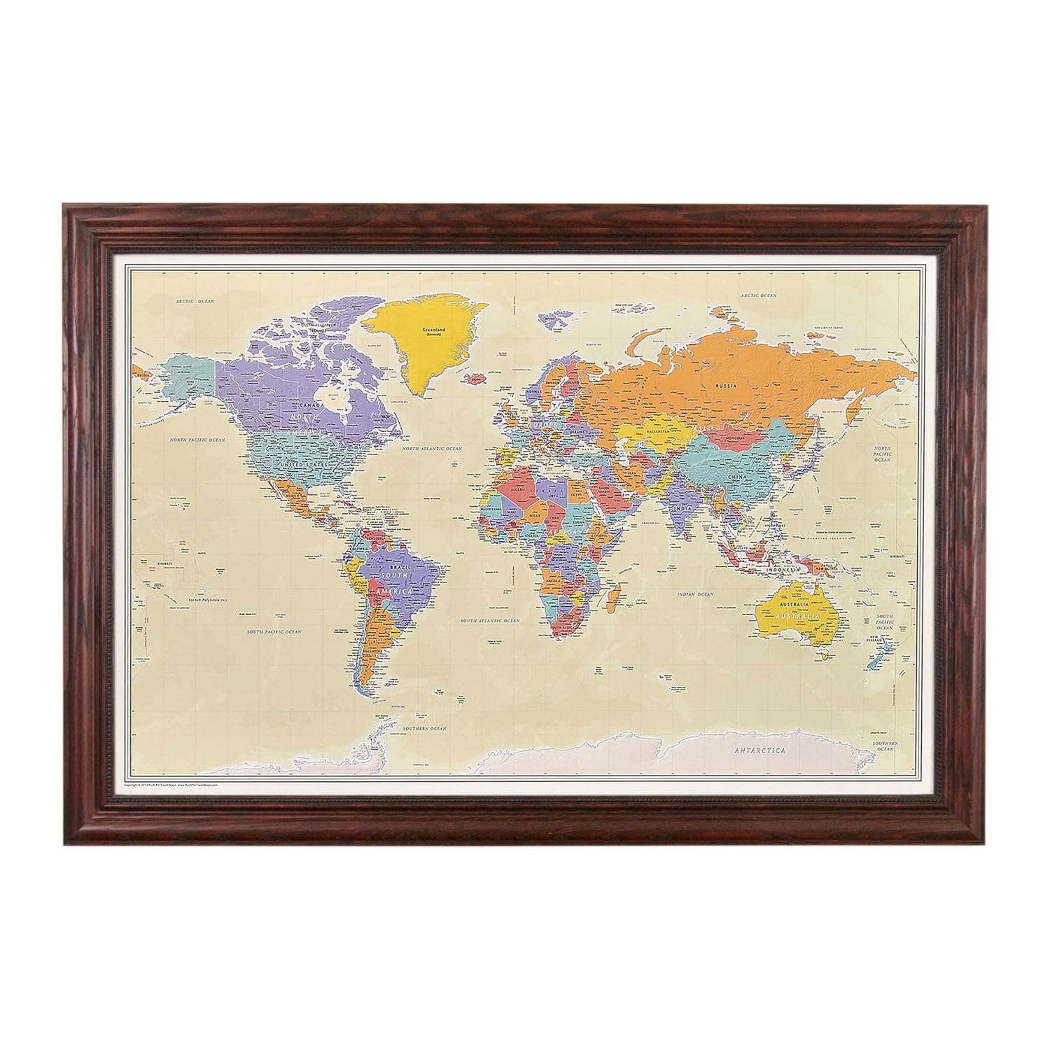 Push Pin Travel Maps - Tan Oceans World - Solid Wood Cherry Framed Pin Map for Tracking Your Travels - 27.5" x 39.5" - 8 Handcrafted Frame Options - Made in USA - Ideal for Any Traveler