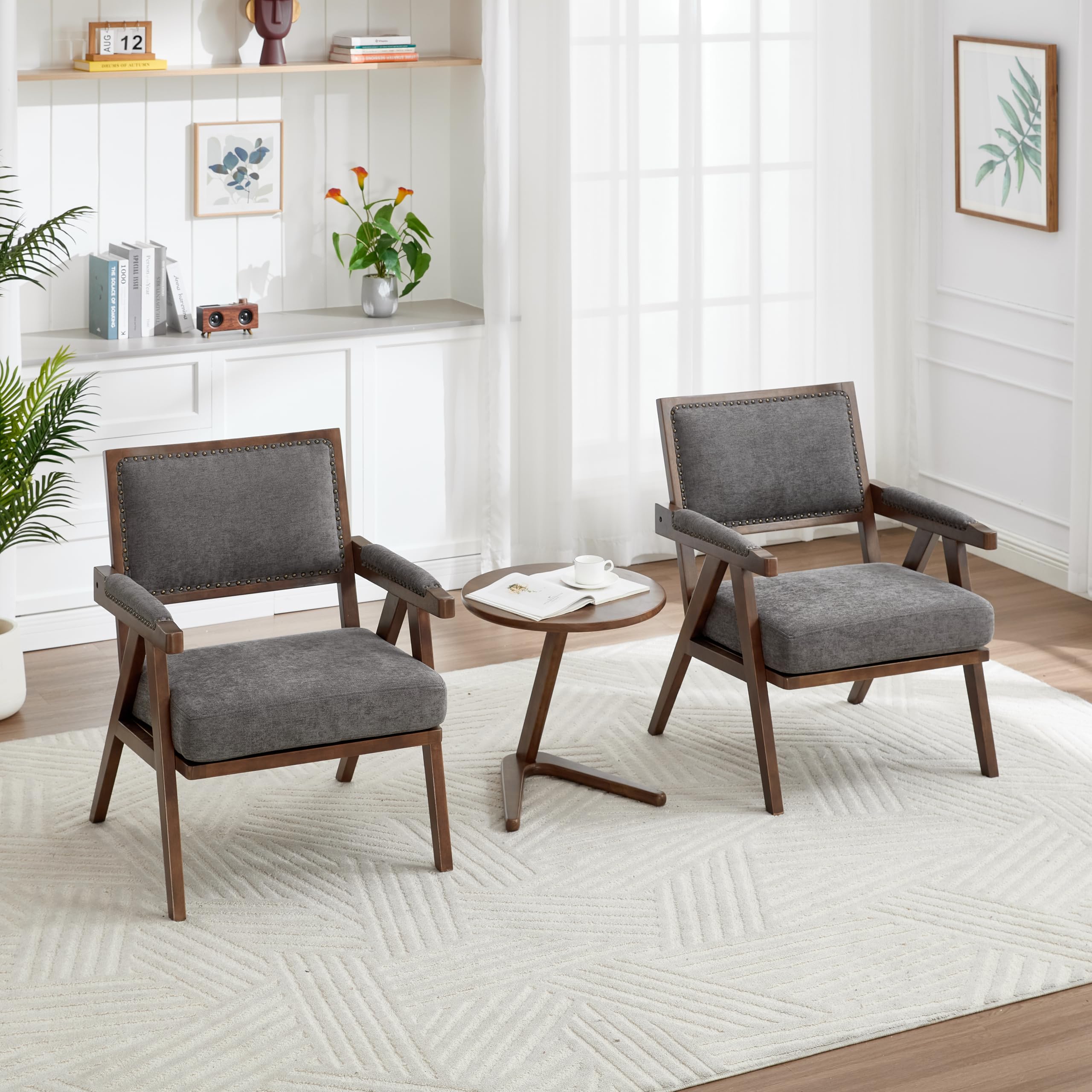 Lexiou Mid-Century - Sillón individual de tela con reposabrazos, marco de madera acolchado, para salón, dormitorio, estudio, oficina, decoración (gris)
