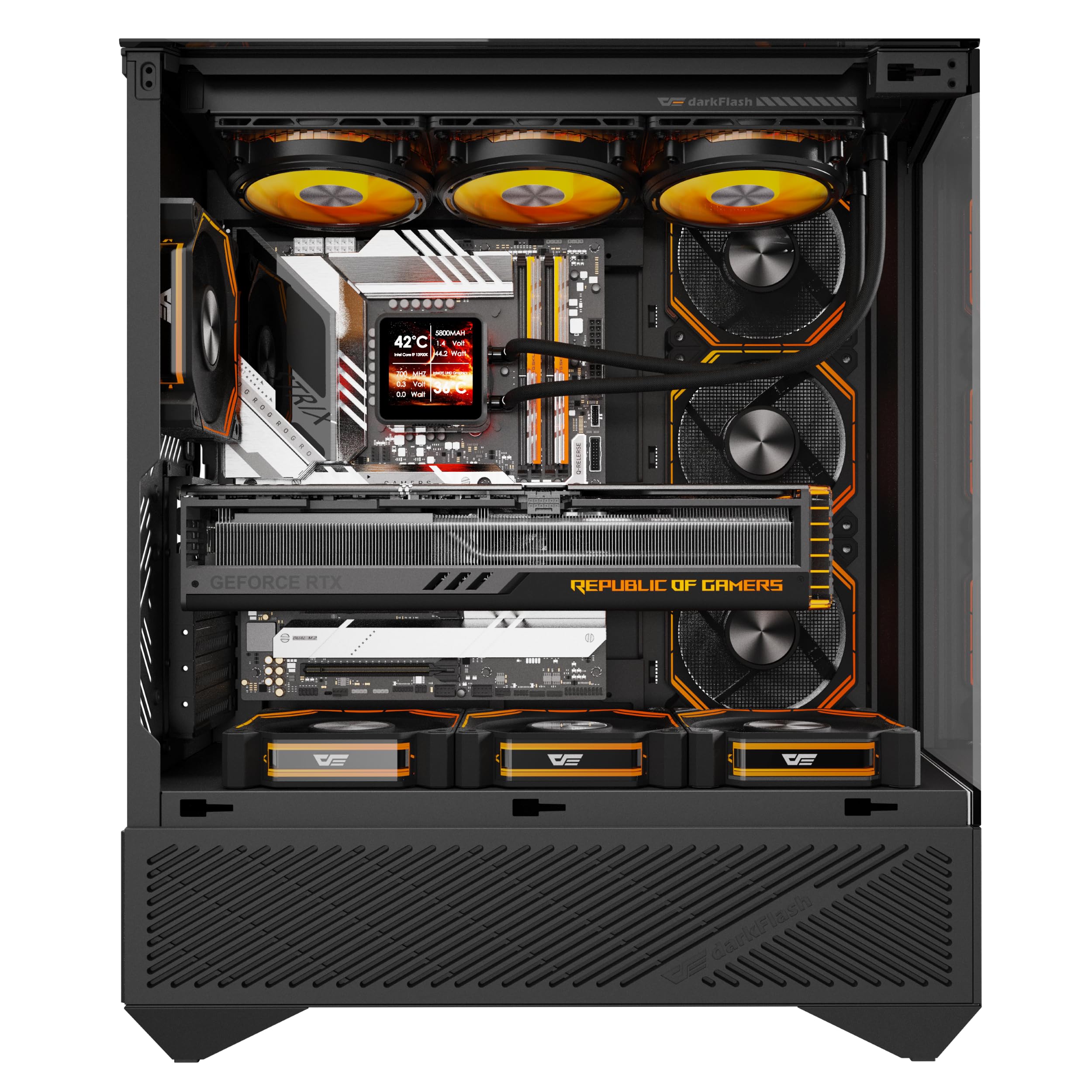 DarkFlash DY460 biała obudowa do komputera gamingowego ATX/M-ATX/ITX i 4 fabrycznie zainstalowane wentylatory ARGB, szkło hartowane 330°, maksymalna odległość GPU 400 mm, uchwyt chłodnicy 360 mm, USB