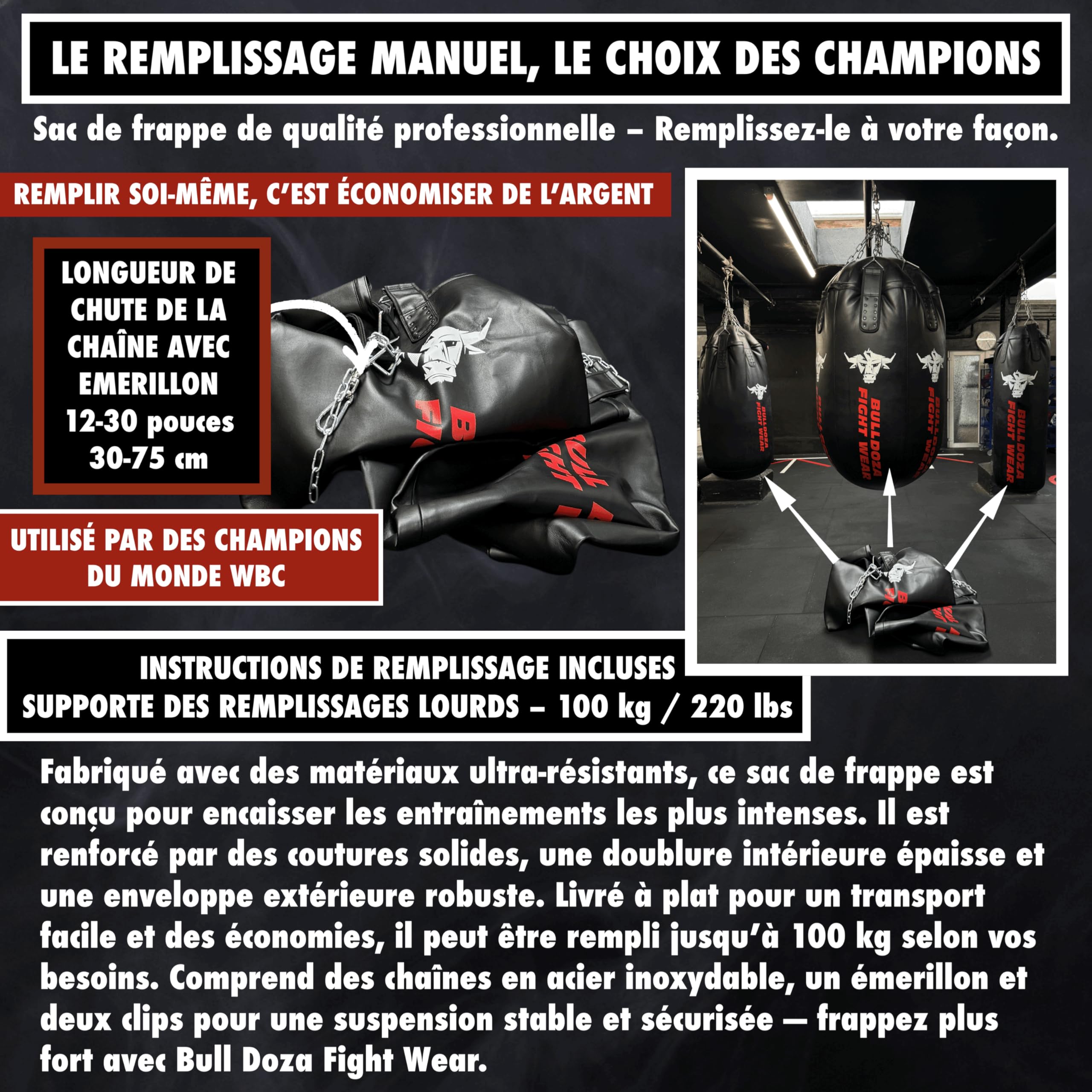 XL Tank Bull Doza Fight Wear Sac de Frappe Solide Auto-Remplissage - Sac de Frappe avec Chaînes Suspendues Pivotant Mousquetons - Sac de Boxe