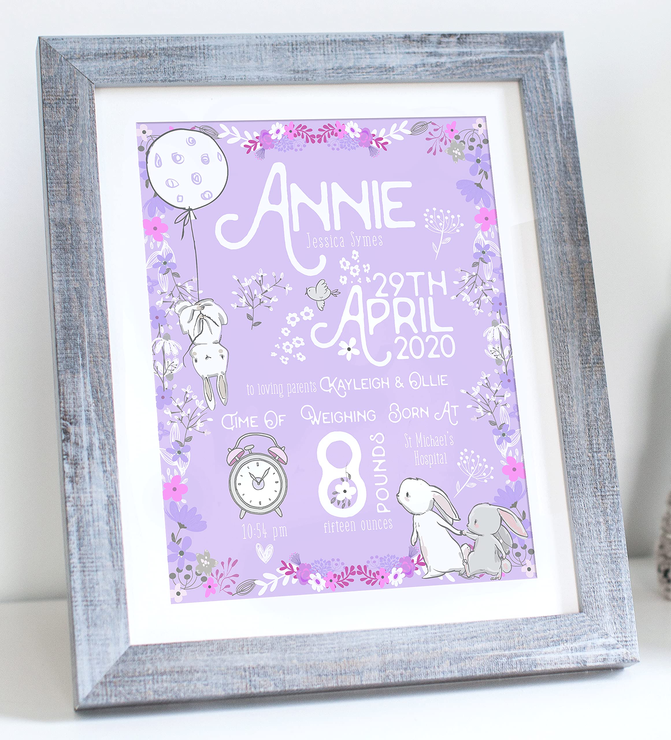 The Whistling Wren New Baby LILAC RABBIT Birth Print - New Baby Girl Gift - Baby Christening Gift - FRAMED or UNFRAMED (Lilac)