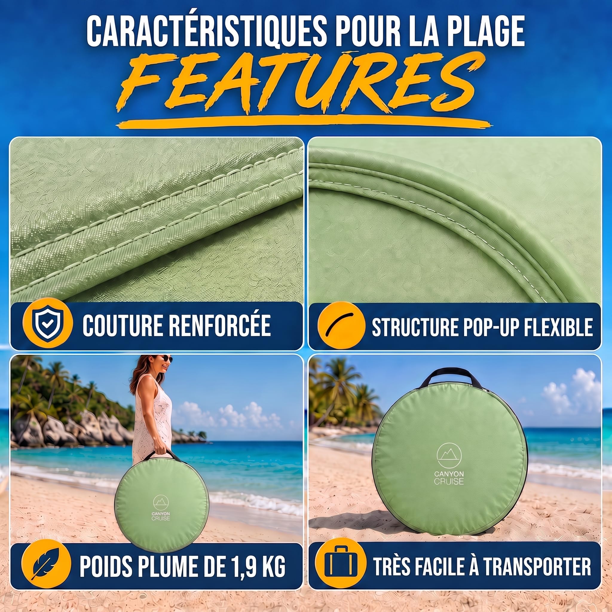 GOODS+GADGETS® Tente de Plage Pop-up 240x140 cm - Abri Automatique | Montage en quelques secondes, protection UV SPF 30+, fibre de verre légère - idéale 2-3 personnes