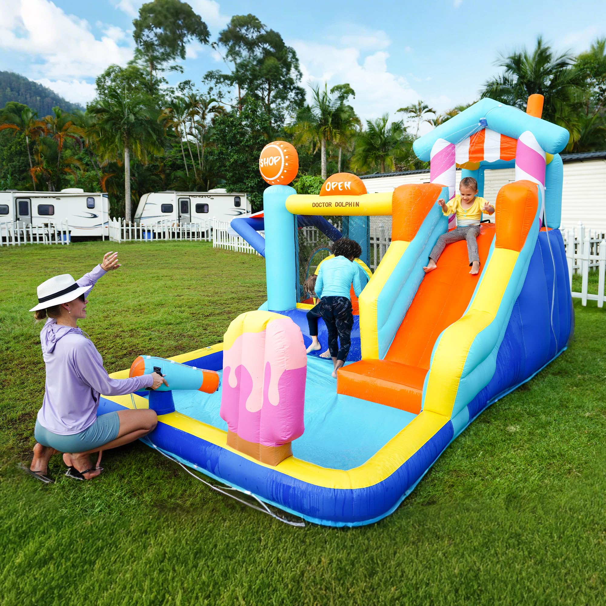 YINIX Hüpfburg mit Wasserrutsche Ladenmarkise Großer Wasserpark Pool Garten | Multifunktionales Spielschloss mit Doppelrutschen Trampolin Planschbecken und 450W Gebläse für Outdoor Garten(395x340x236cm)