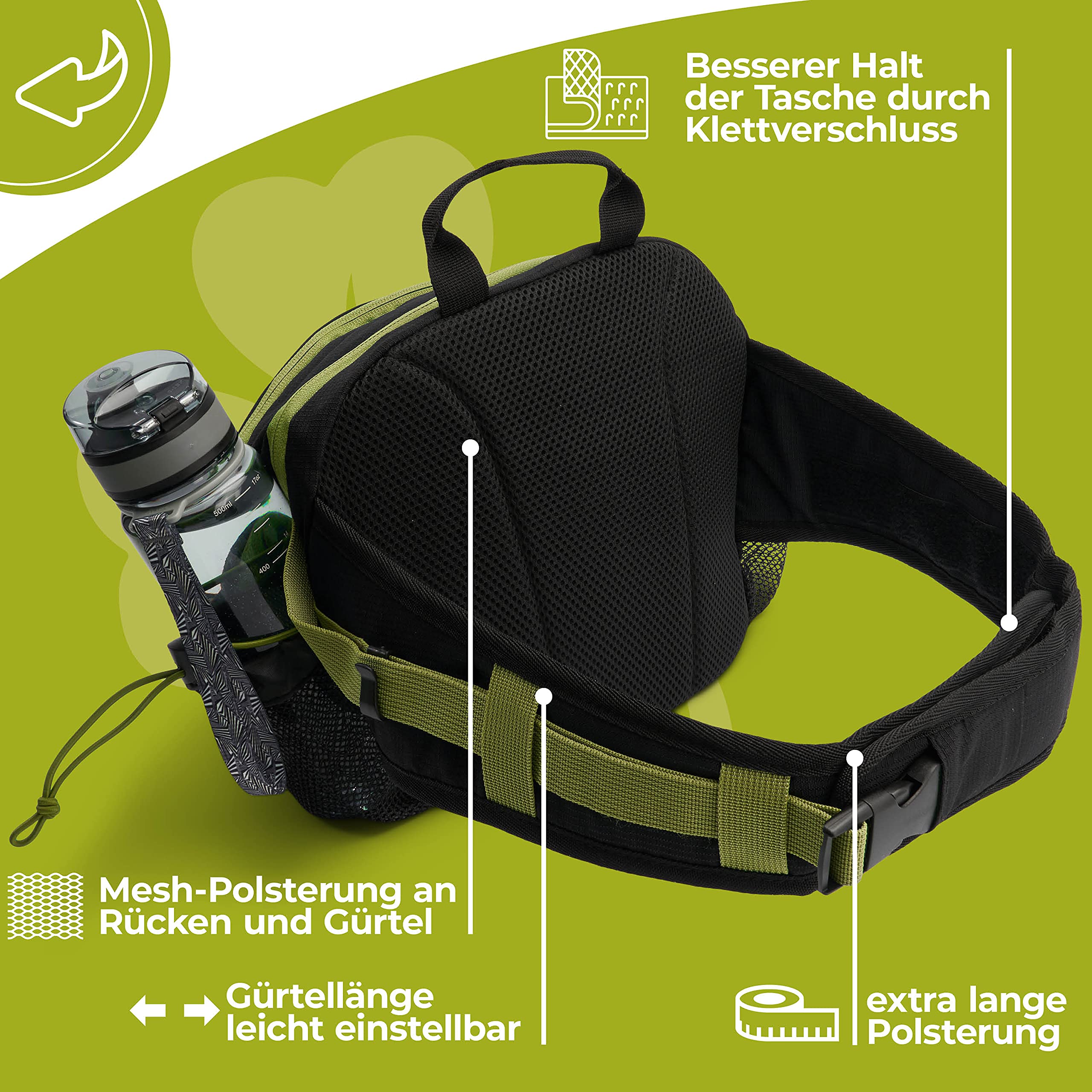 Jandiklee Large 9 Litre Waist Bag with Bottle Holder for Hiking Cycling, Dog Training, Black Green Red, M - Image 2