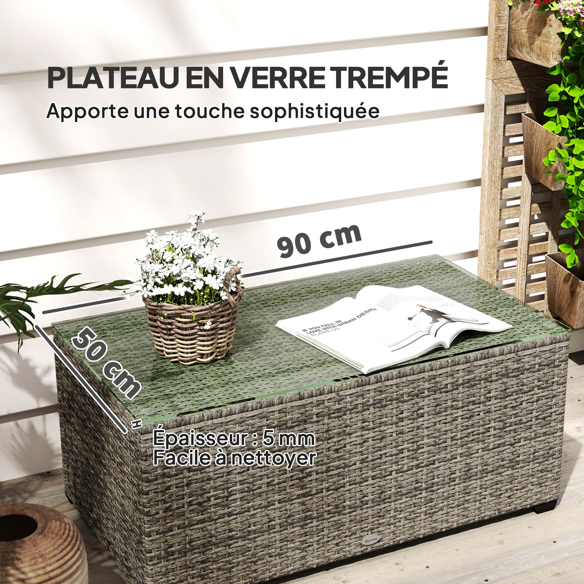 Outsunny Table Basse de Jardin, Table d'appoint en résine tressée Aspect rotin, Plateau en Verre trempé, Cadre en Acier, 90 x 50 x 38 cm, Gris foncé