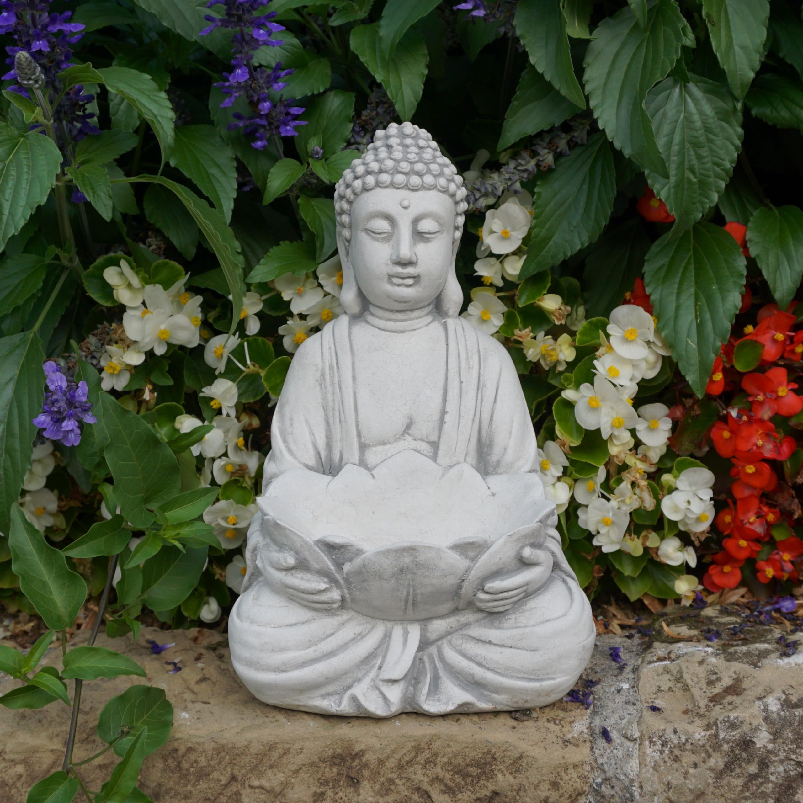 gartendekoparadies.de Statue en Pierre Massive de Bouddha avec Bol de Moine, Hauteur 30 cm, Bol : 13 x 7 x 4 cm, Gris, Poids 6 kg, Pierre coulée résistante au Gel