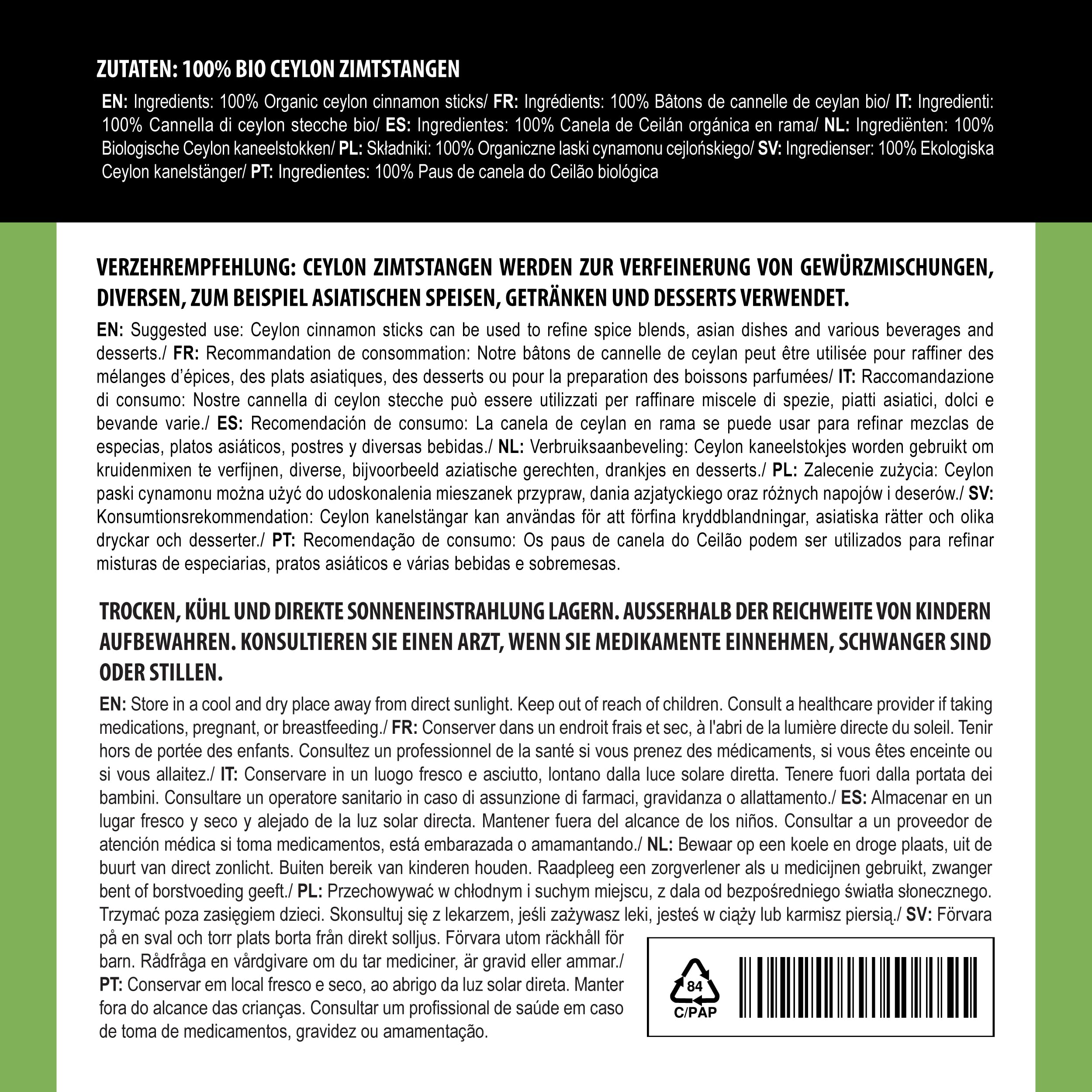 Alpi Nature Canela de Ceylan en Rama Orgánica 250g, Canela Ceylan Palitos 80 mm, aprox. 29-31 por Bolsa