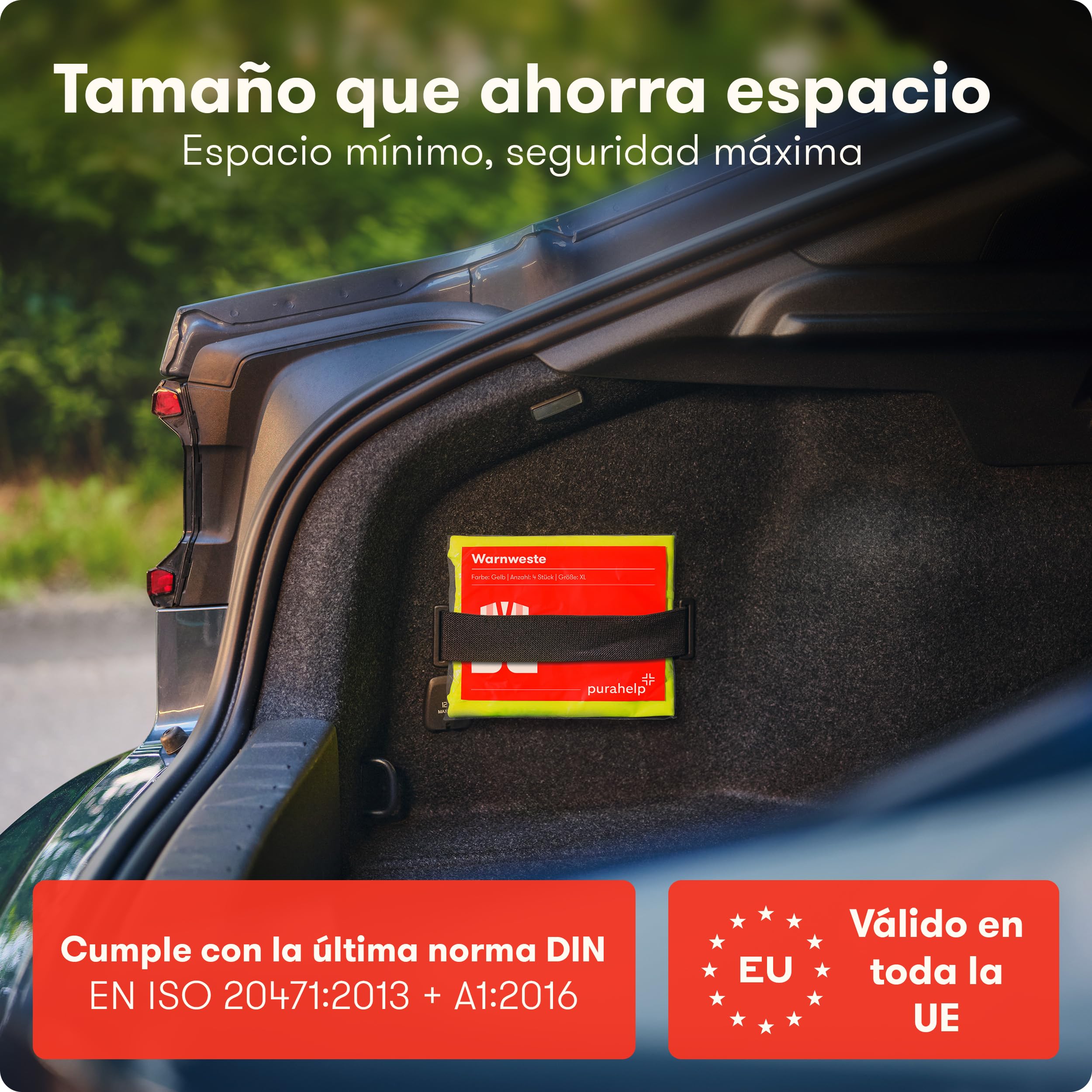 PURAHELP Set de 4 Chalecos Reflectantes para Coche - Alta Visibilidad - Conforme a la Normativa Europea EN ISO 20471 - Chalecos de Seguridad Amarillos - Chalecos de Seguridad para Adultos