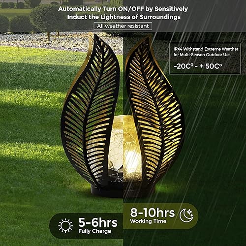 Miniatura 5 de Luces solares decorativas para exteriores, decoración de jardín, vidrio de globo agrietado, luces solares de hoja de palma de metal impermeables